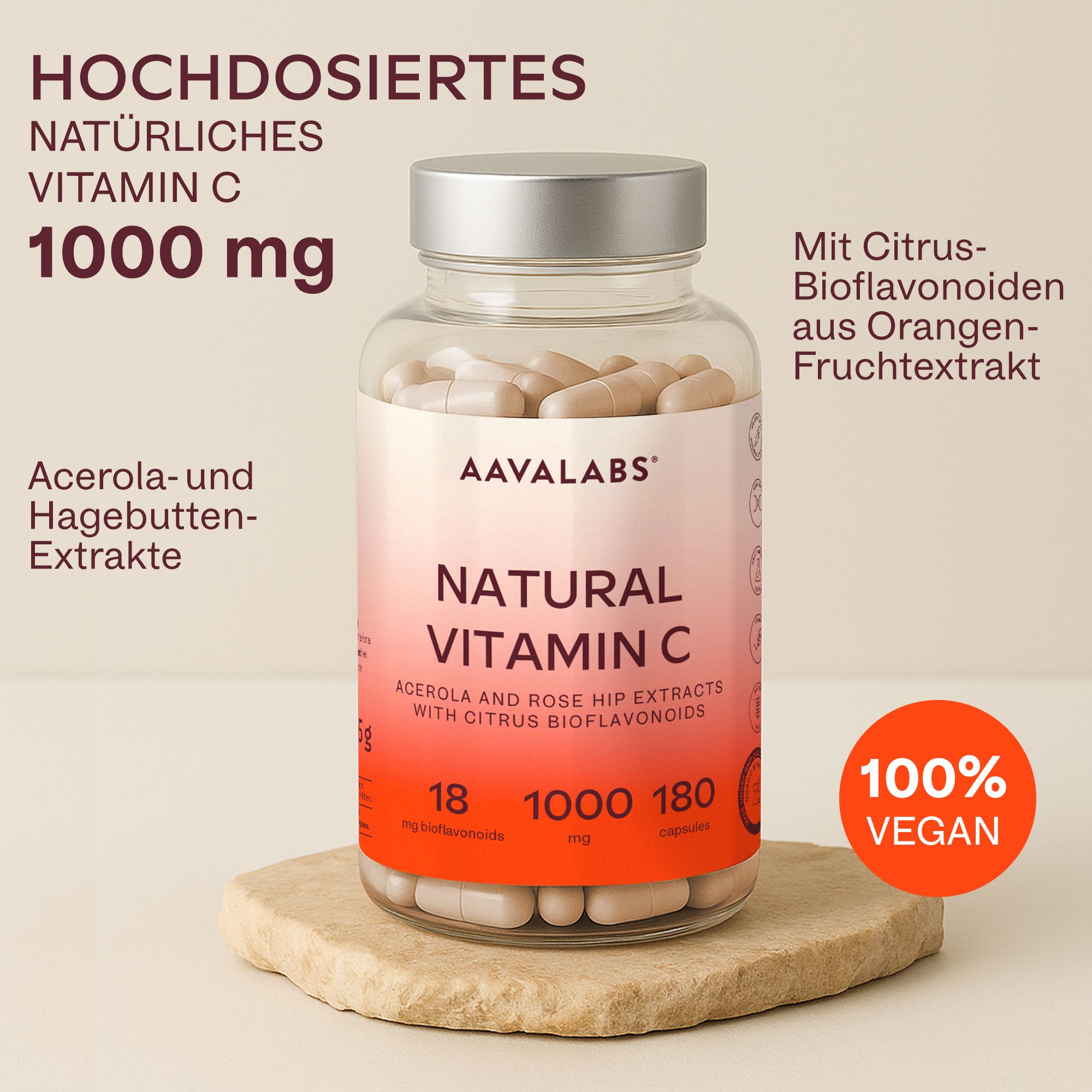 Glasflasche mit Kapseln. Aufschrift: Natural Vitamin C. 100% Vegan.