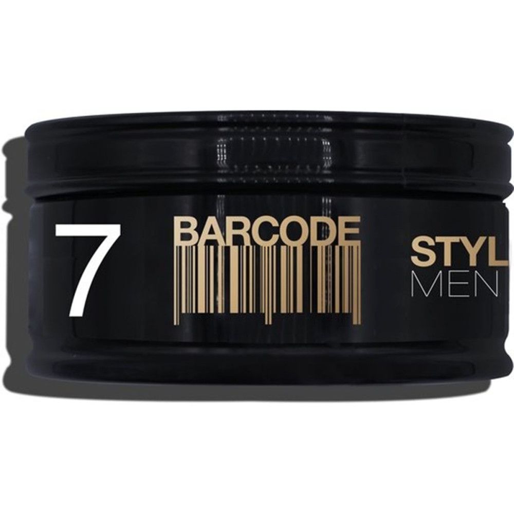 Schwarze Dose mit weißer 7 und goldfarbenem BARCODE-Schriftzug. Aufschrift: STYL MEN. Barcode-Design.