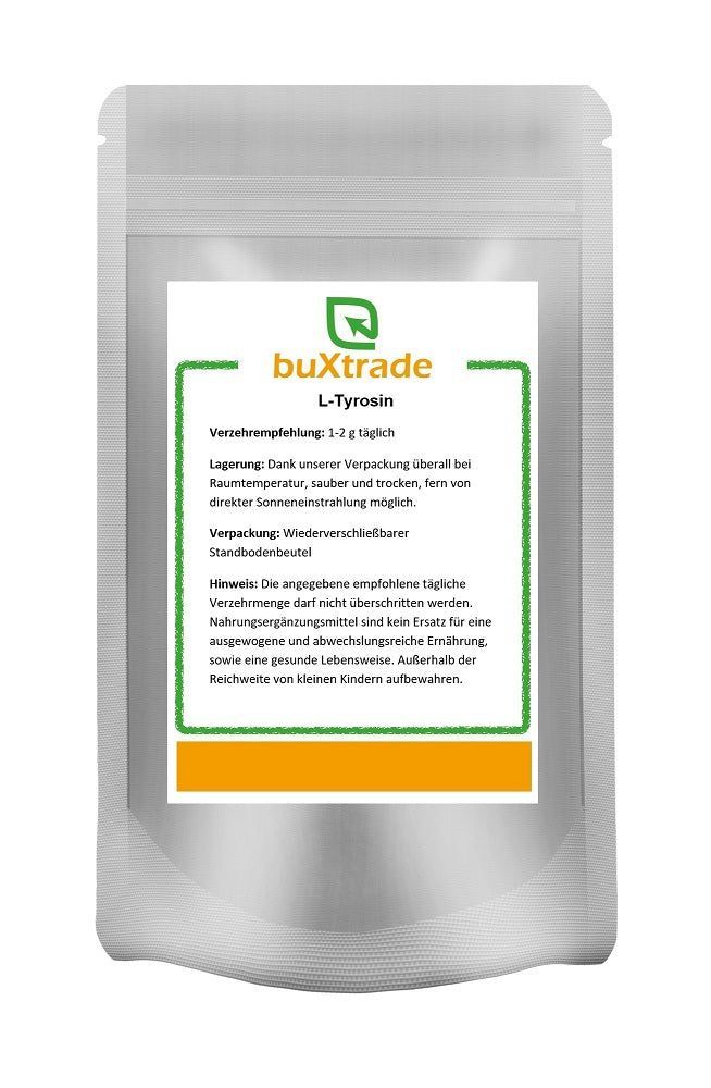 Beutel mit L-Tyrosin. Aufschrift: buXtrade, L-Tyrosin. Wiederverschließbarer Standbodenbeutel. Empfohlene Tagesdosis: 1-2 g.