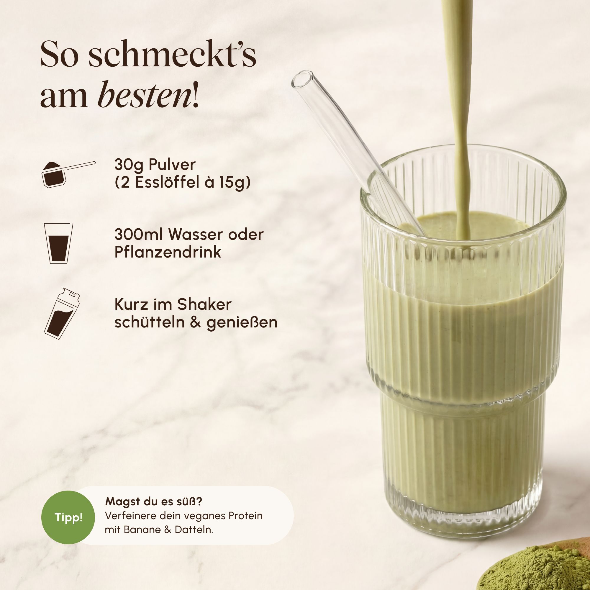VETAIN Proteinpulver Vegan - Matcha Latte - 19g Eiweiß & 90mg Koffein - Ohne Zuckerzusatz - 100% Bio