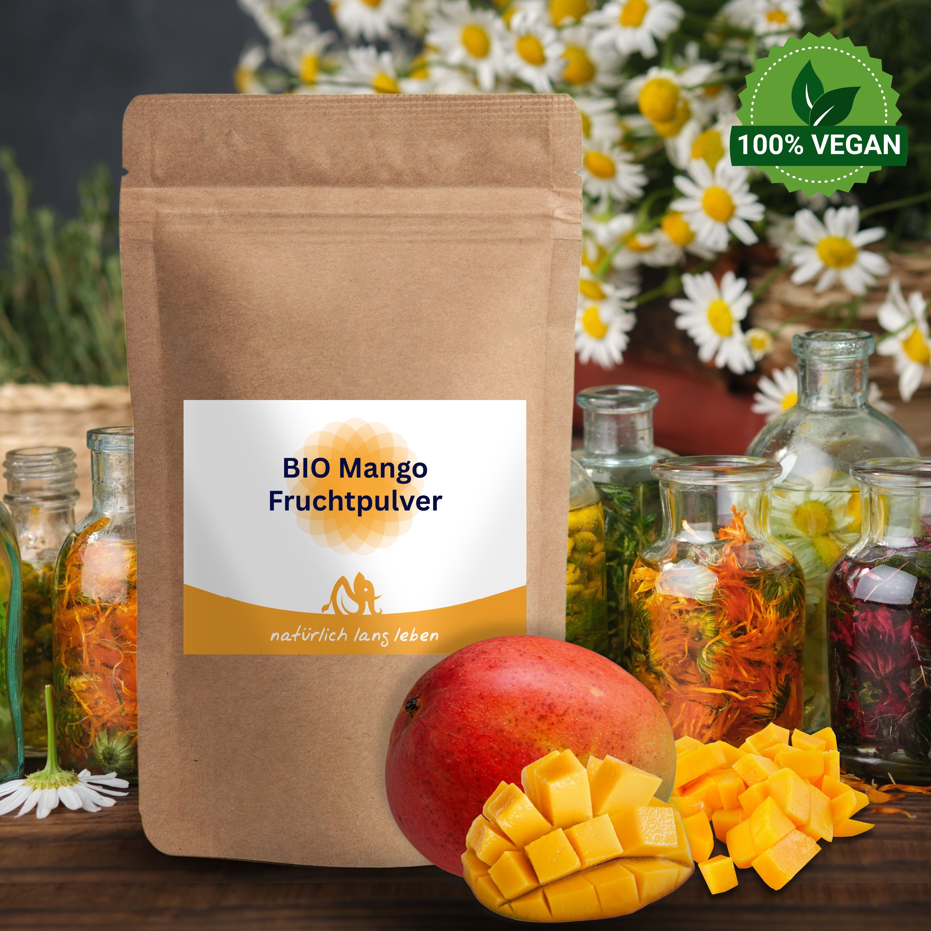 Braune Tüte mit Etikett. Aufschrift: BIO Mango Fruchtpulver. Logo: natürlich lang leben. Mango und Würfel daneben.