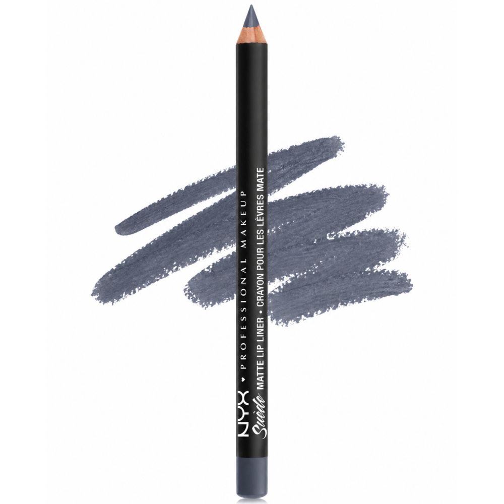 Grauer Lipliner-Stift neben einem grauen Farbauftrag. Schwarzer Schaft mit silberner Schrift.