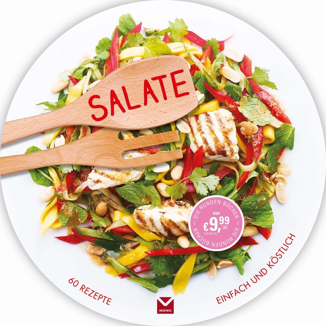 Buchcover mit Salat-Arrangement. Holzutensilien mit Aufschrift "SALATE". Preisetikett mit "€9,99". Titel: "Einfach und köstlich".