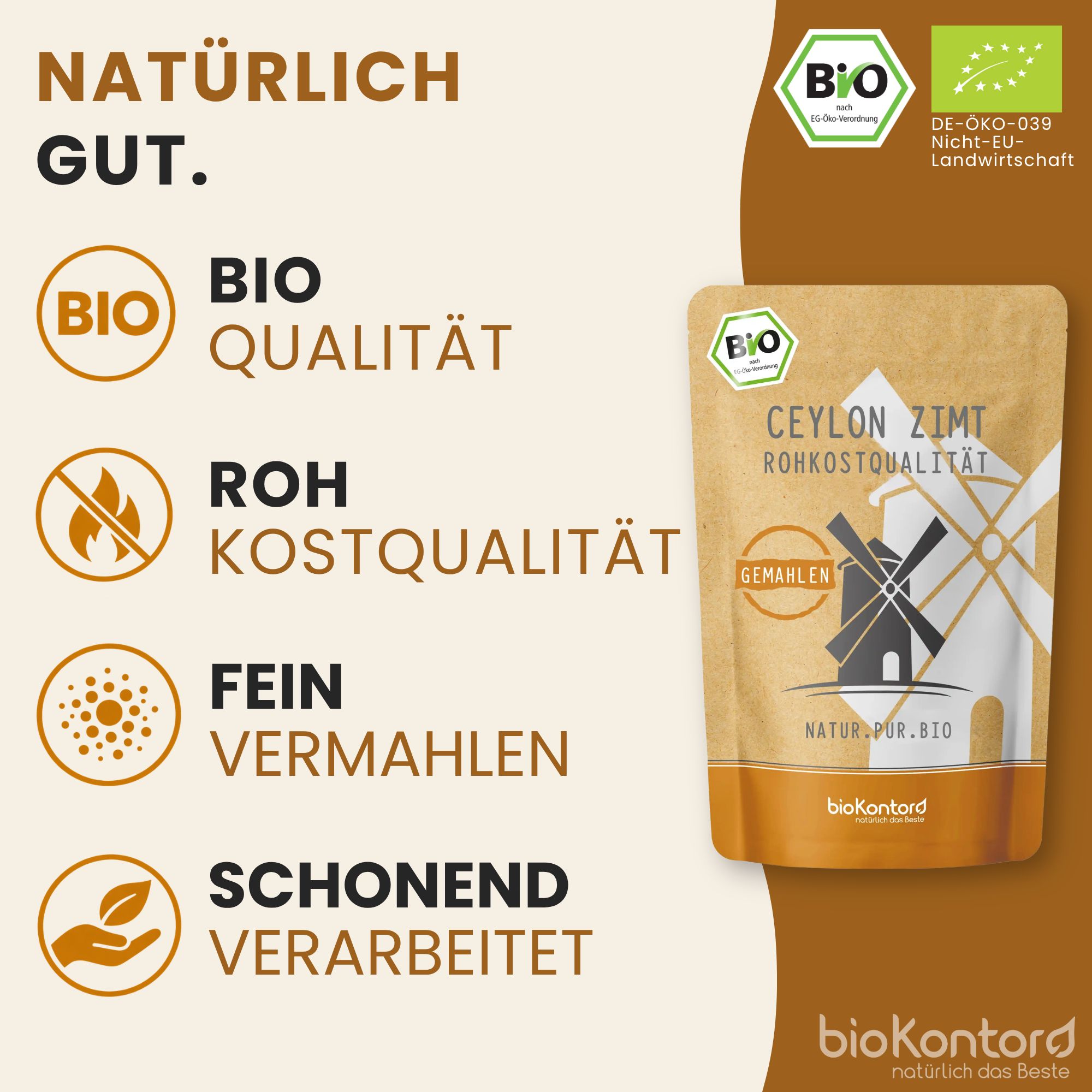 Bio Ceylon Zimt Rohkostqualität: Icons für BIO Qualität, roh, fein vermahlen, schonend verarbeitet.