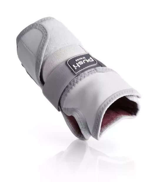Handgelenkbandage, weiß mit grauem Rand und Klettverschluss. Marke Push. Ansicht von oben.