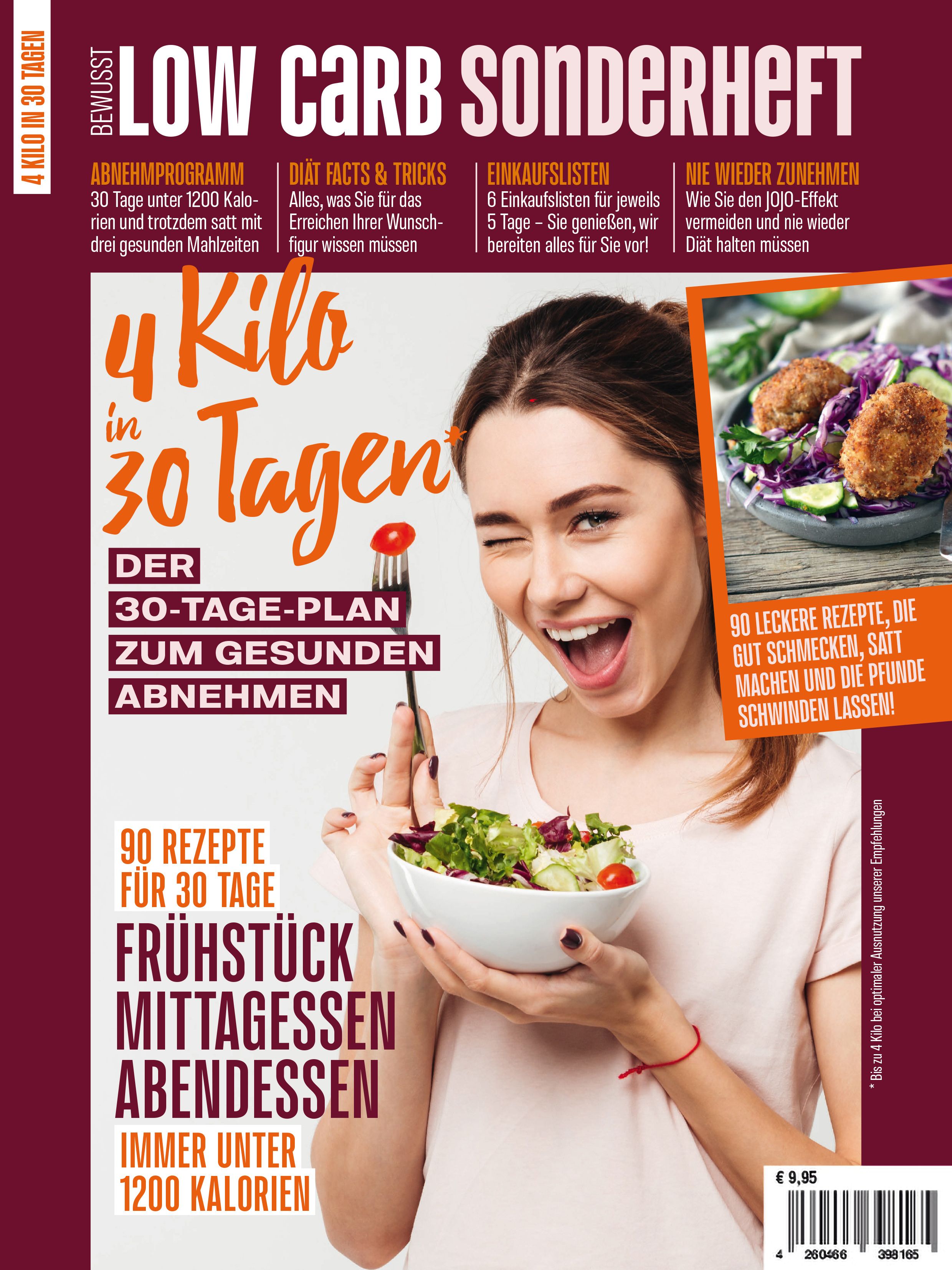 Zeitschrift "Bewusst Low Carb SONDERHEFT". Titel: 4 Kilo in 30 Tagen. Frau hält Schüssel mit Salat. Auf dem Cover sind weitere Informationen.
