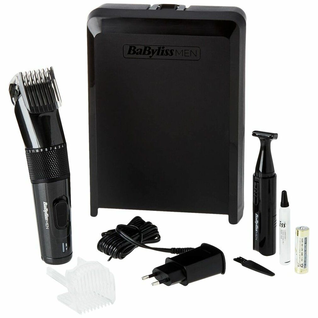 Haarschneider mit Aufsatz. Grau-schwarzes Gehäuse, Aufsatz mit Längeneinstellung. BaByliss MEN Logo.