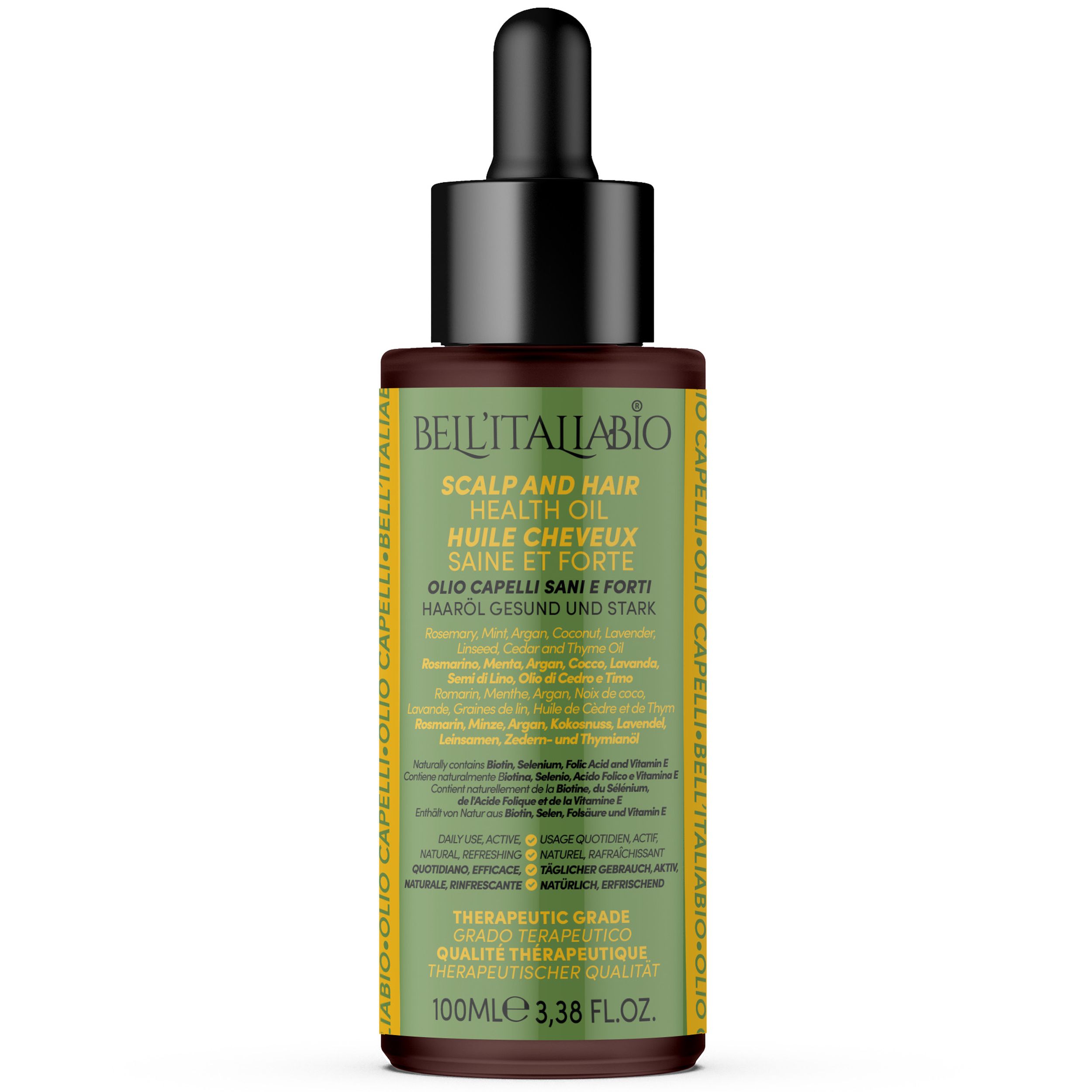 Haaröl-Flasche mit schwarzem Deckel und Tropfer. Text: Bell'Italiabio, Scalp and Hair Health Oil, Huile Cheveux Saine et Forte, Oilo Capelli Sani e Forti.