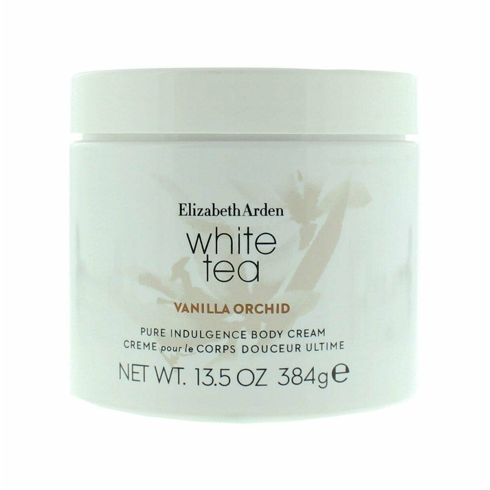 Weißer Tiegel mit Deckel. Aufschrift: Elizabeth Arden White Tea Vanilla Orchid Body Cream. Nettogewicht: 13,5 oz 384g.