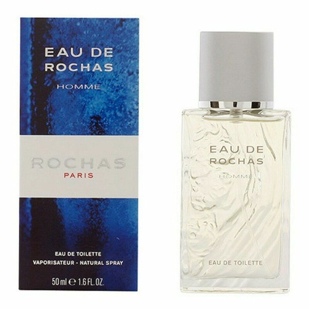 Eau de Rochas Flakon und Verpackung. Aufschrift: Eau de Rochas Homme, Eau de Toilette, 50 ml.