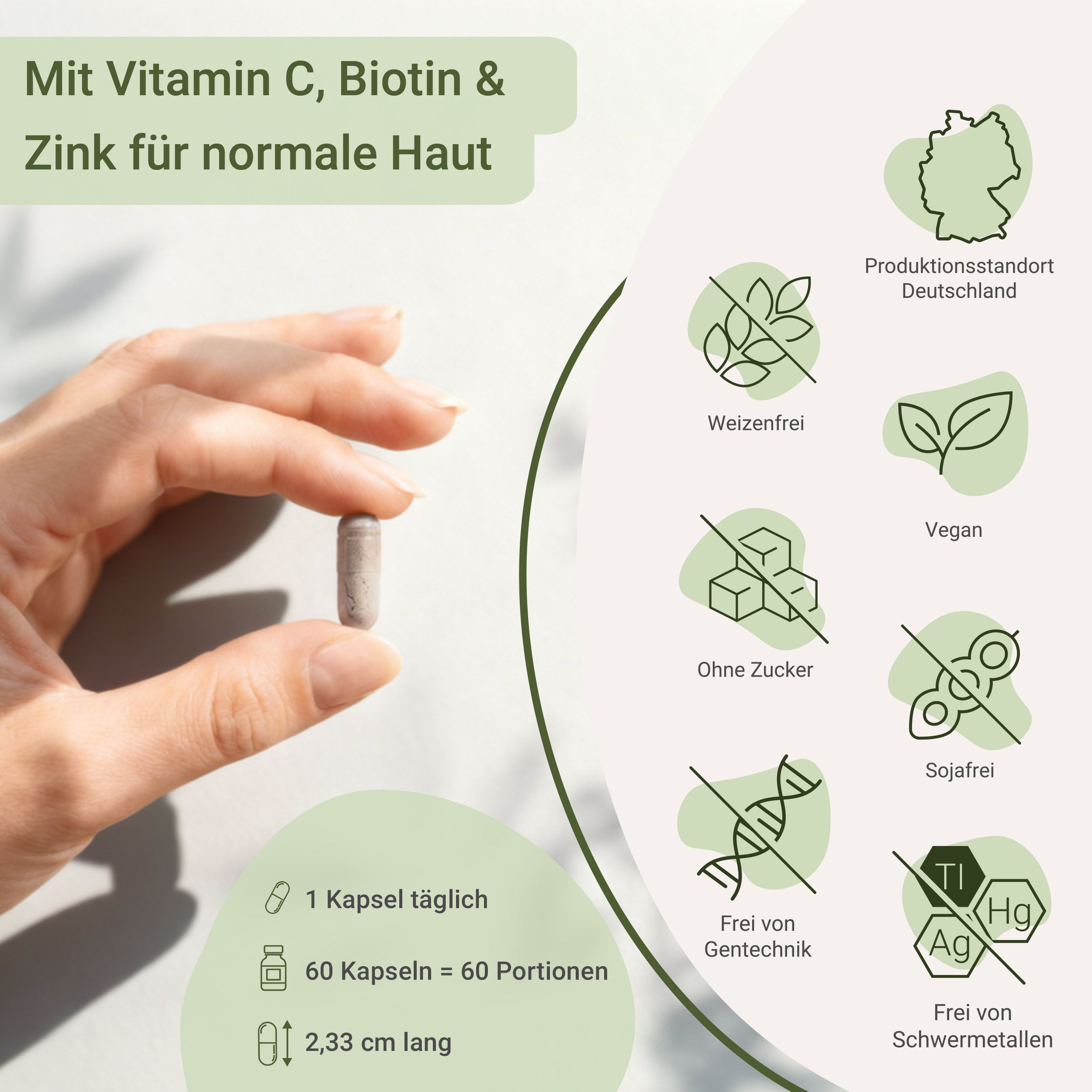 Hand hält Haut Vital Kapsel. Icons: Weizenfrei, Vegan, Ohne Zucker, Gentechnikfrei.