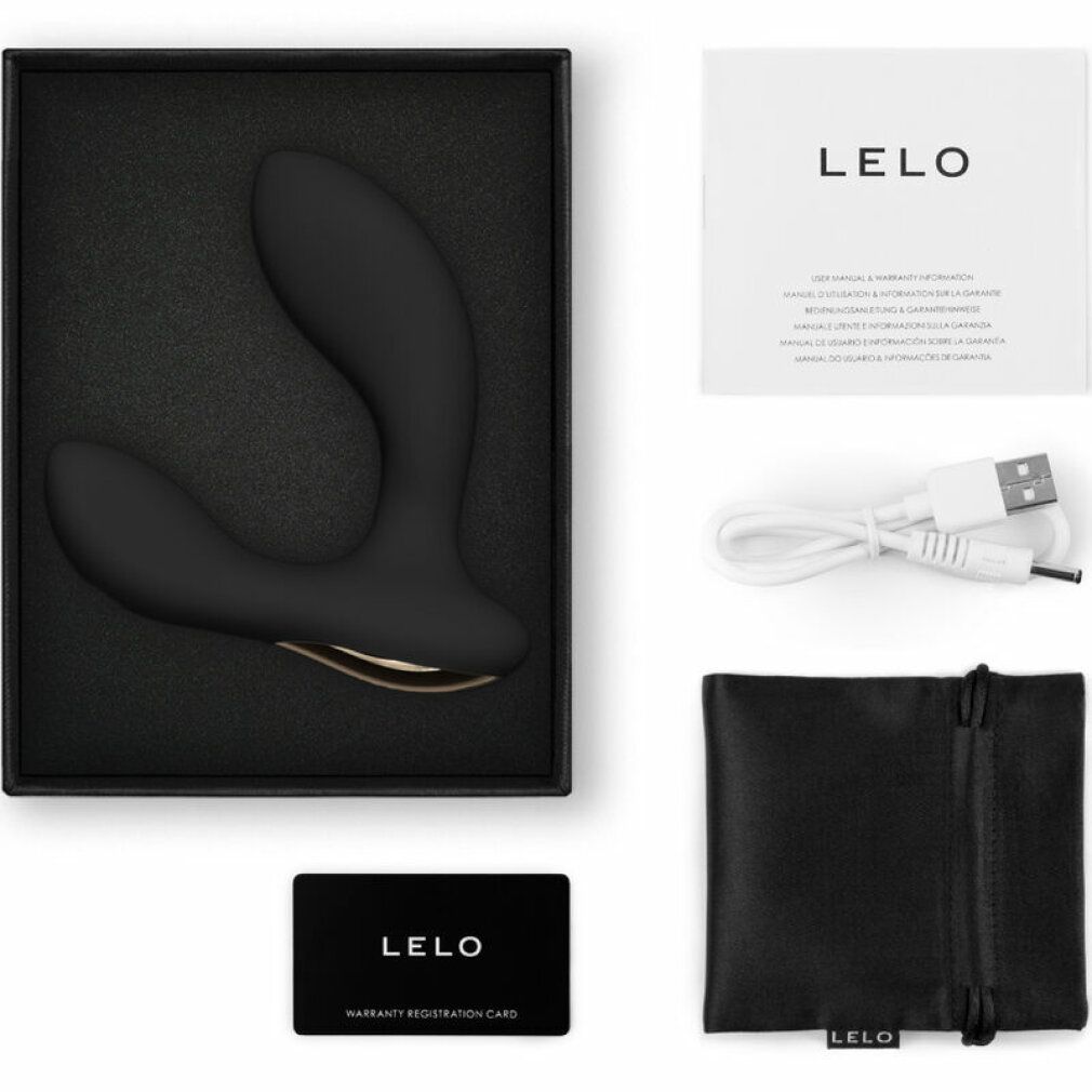 Schwarzer Vibrator, Zubehör: Ladekabel, Beutel, Garantiekarte und Anleitung. LELO Logo.