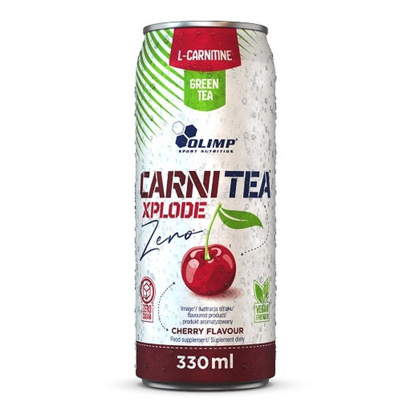 Getränkedose mit Aufschrift CARNI TEA Xplode Zero. Kirschgeschmack. Enthält L-Carnitin und grünen Tee. 330 ml.