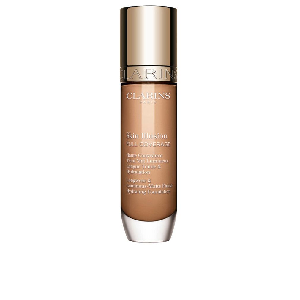 Clarins Skin Illusion Full Coverage Foundation in Farbton 110N. Glasflasche mit Pumpspender.