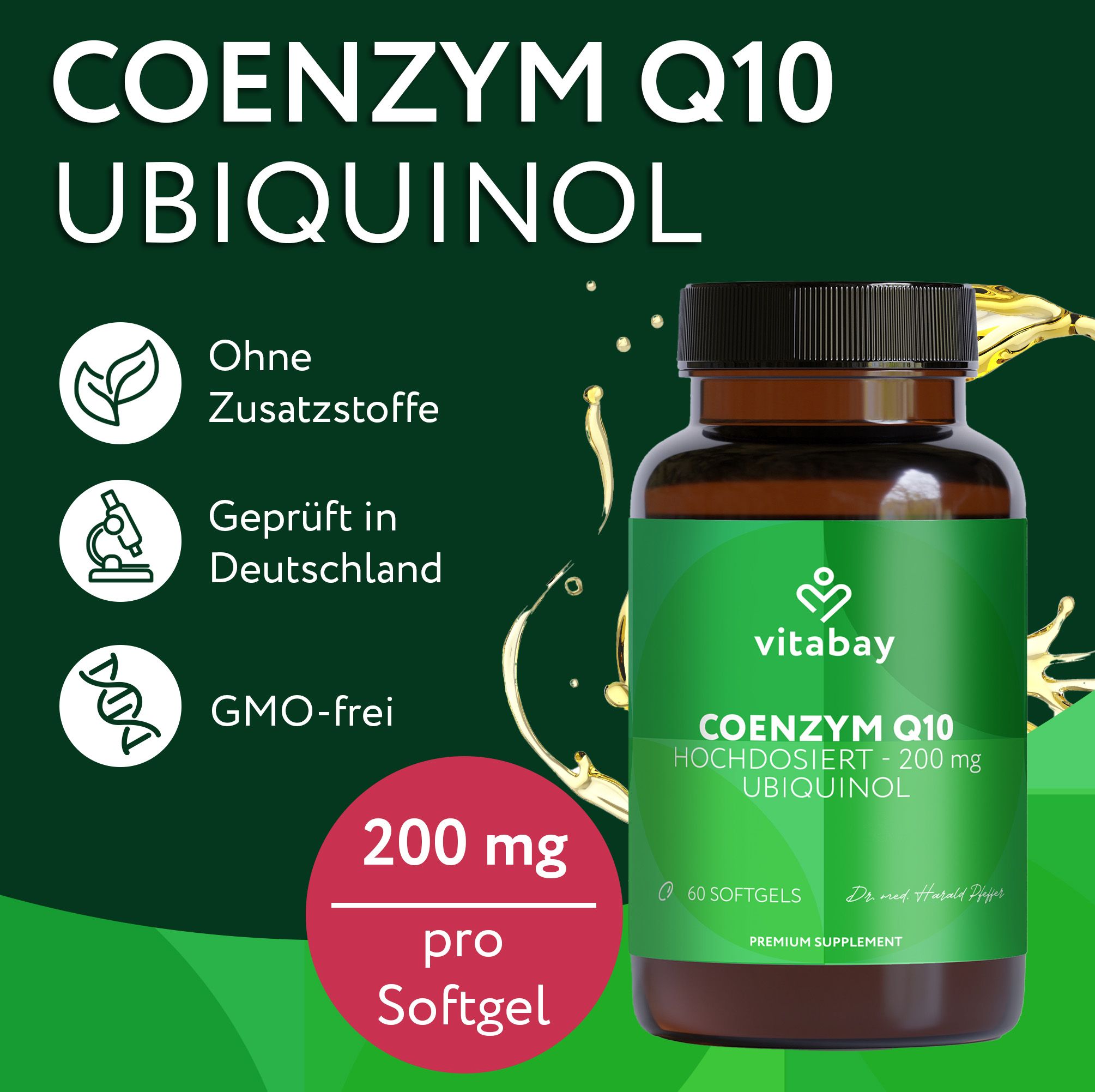 Flasche mit Produktinformationen. Text: 200 mg pro Softgel. Ohne Zusatzstoffe, geprüft in Deutschland. Vitabay Logo.