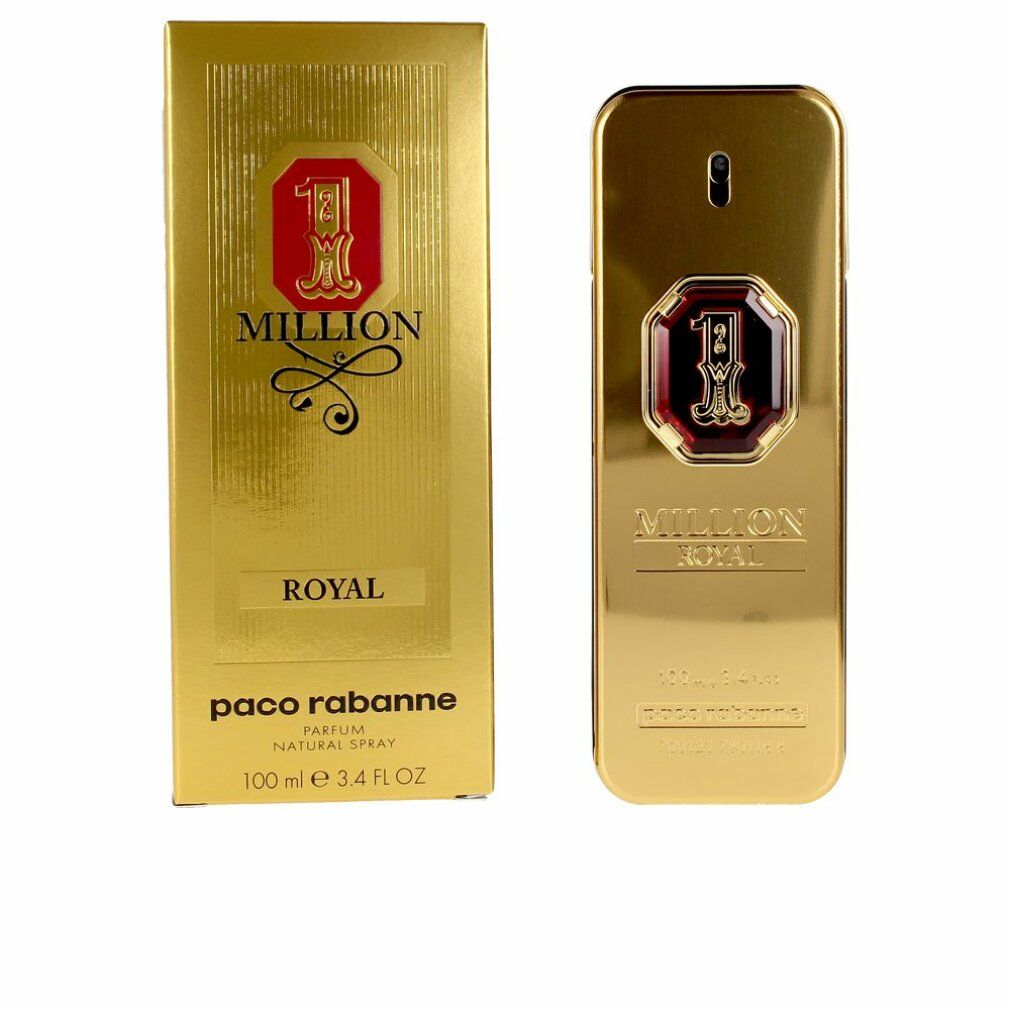 Goldfarbener Flakon und Verpackung. Aufschrift: Million Royal, Paco Rabanne. Weißer Hintergrund.