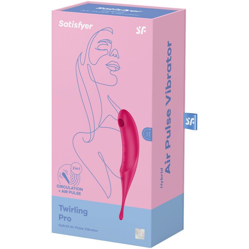 Verpackung von Satisfyer Twirling Pro. Rosa Schachtel mit Produktabbildung und Text. Marke und Produktname.