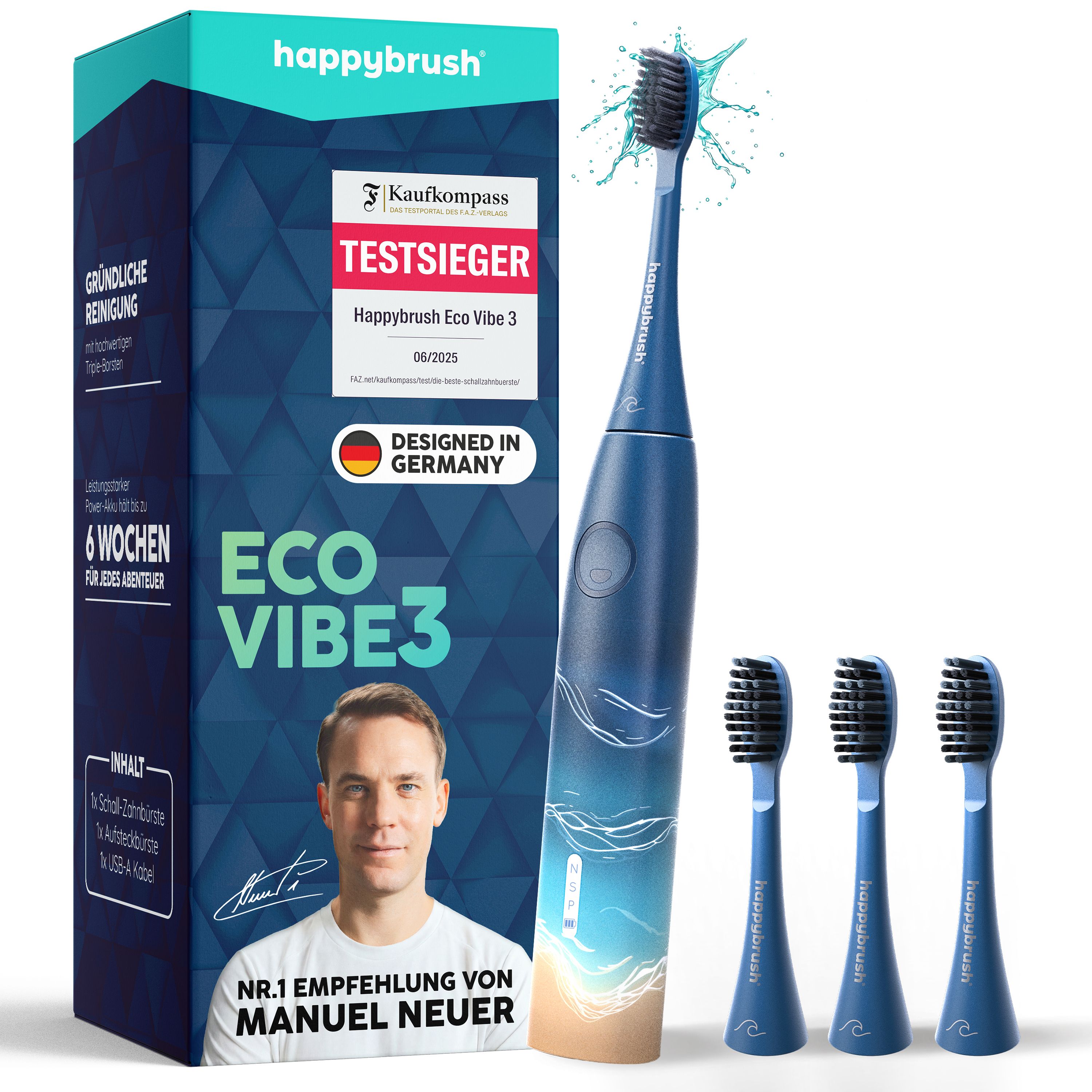 Happybrush Schallzahnbürste ECO VIBE 3 Ocean Edition mit 4 Aufsteckbürsten und Ladebox.