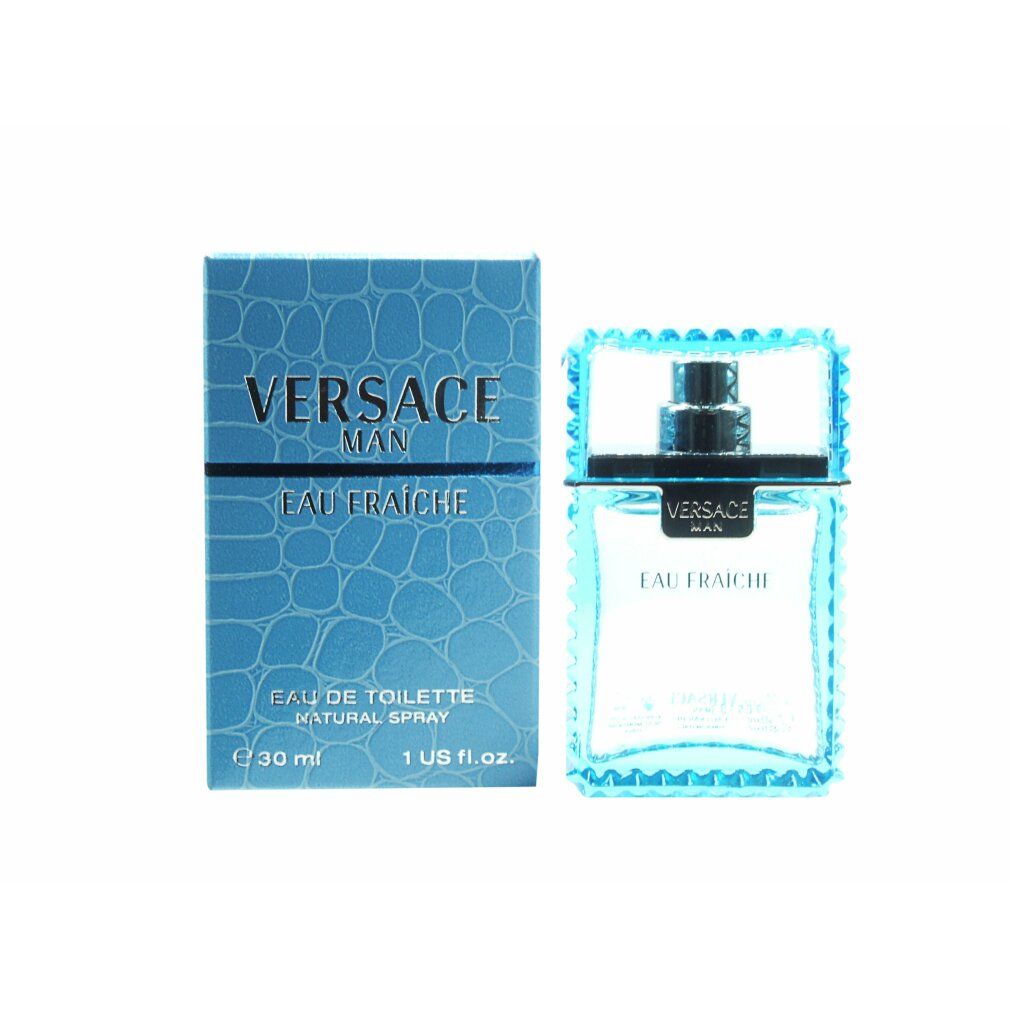 Hellblaues Eau de Toilette Spray und Verpackung. Aufschrift: Versace Man Eau Fraiche. 30 ml.
