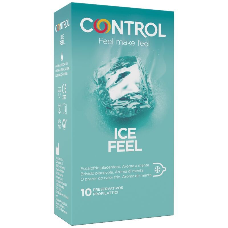 Türkisfarbene Schachtel mit Control Ice Feel Kondomen. Eiswürfel-Grafik. Enthält 10 Kondome. Marke Control, Text in mehreren Sprachen.