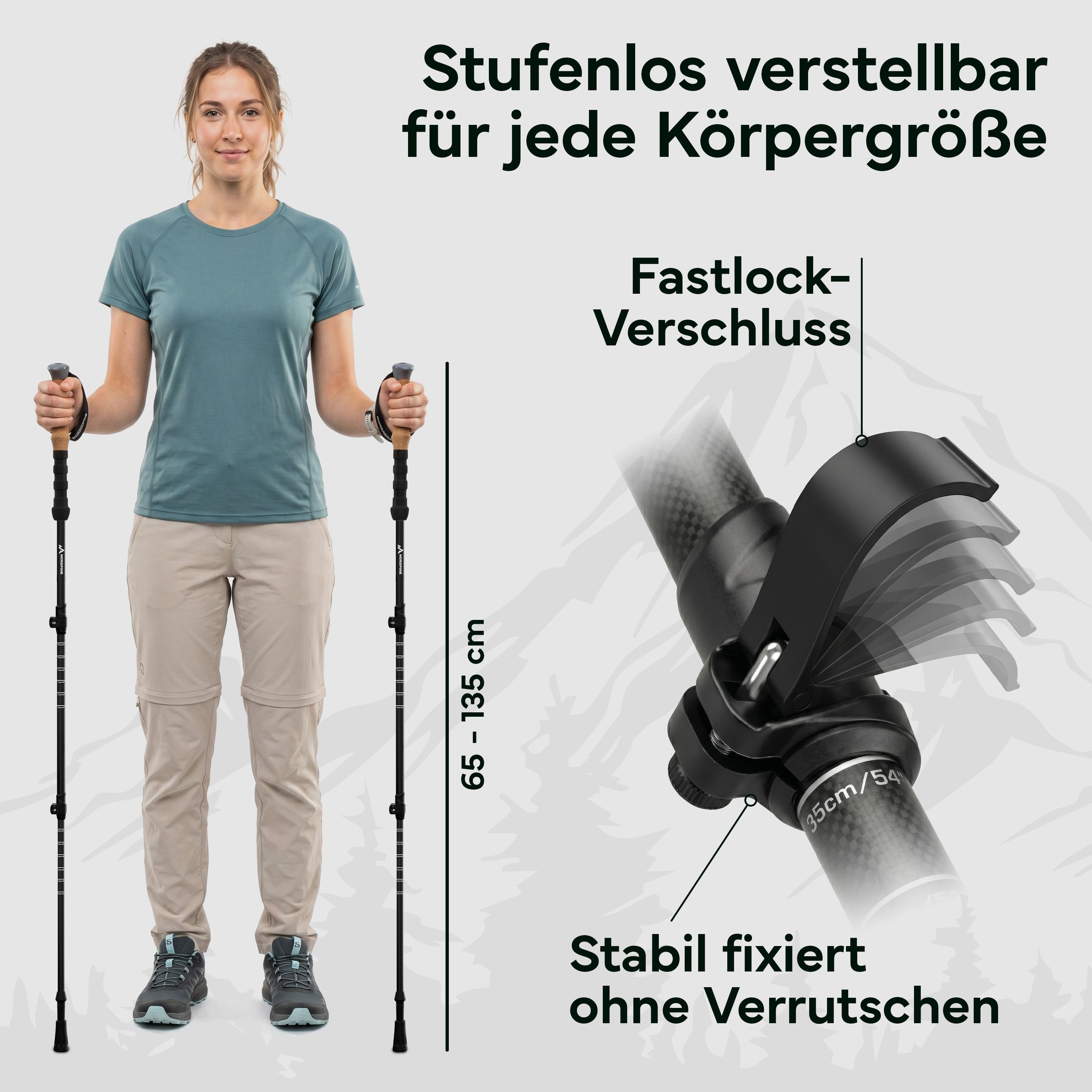 Teleskop-Wanderstöcke stufenlos verstellbar (65-135 cm) mit Fastlock-Verschluss für sicheren Halt.