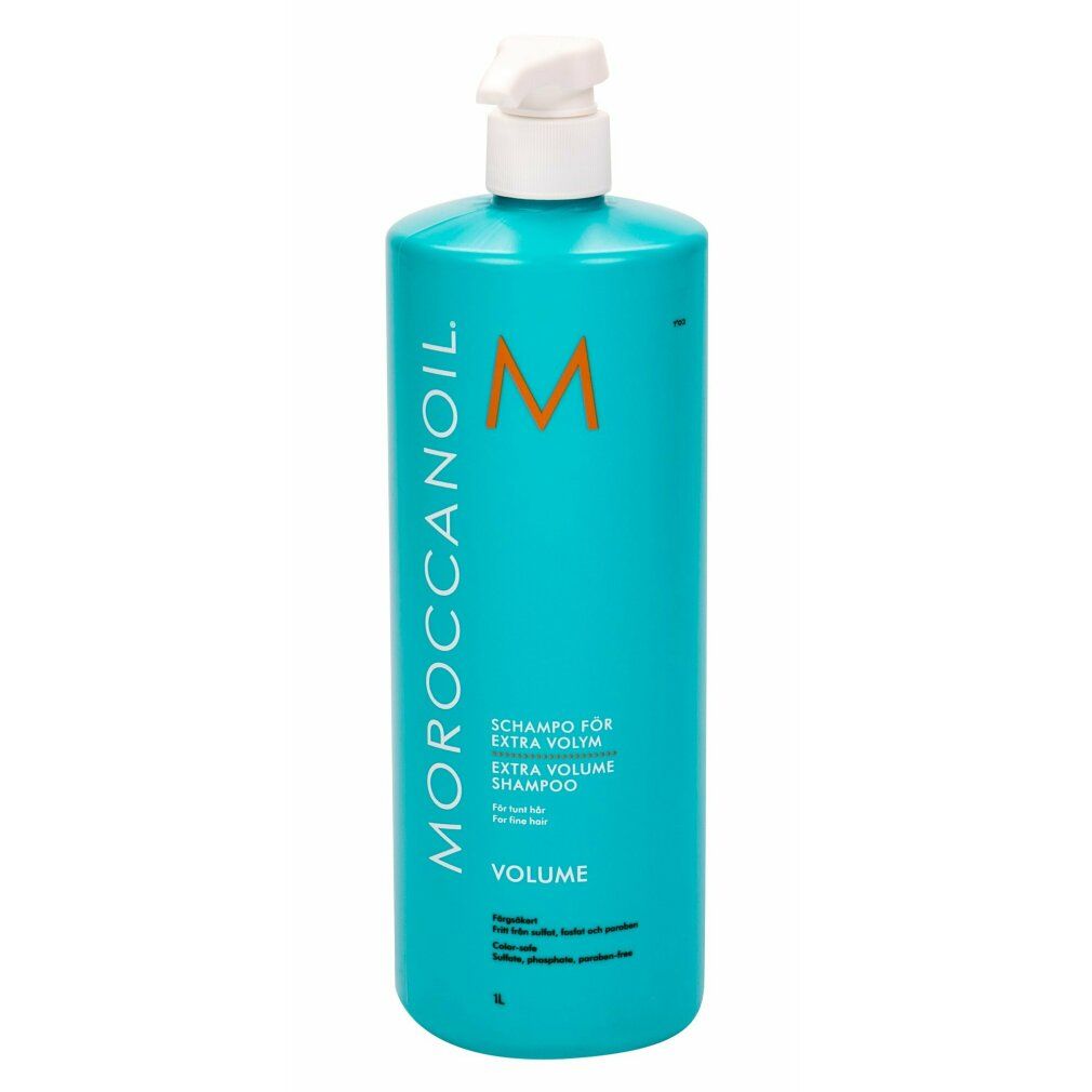 Türkisgrüne Shampoo-Flasche mit weißem Pumpkopf. Aufschrift: Moroccanoil, Volume, Extra Volumen Shampoo.