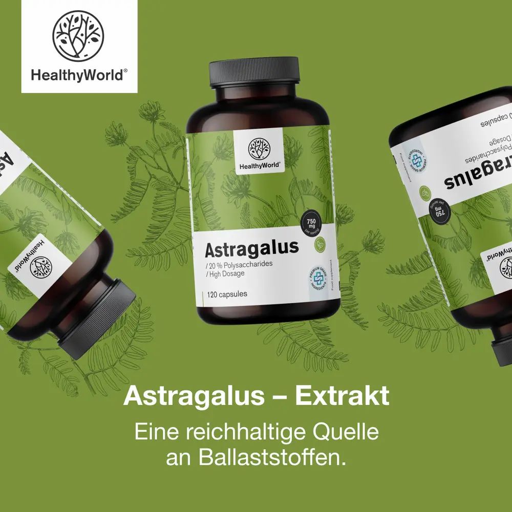 Drei Flaschen mit Astragalus-Kapseln. Text: Astragalus Extrakt. Hintergrund grün.