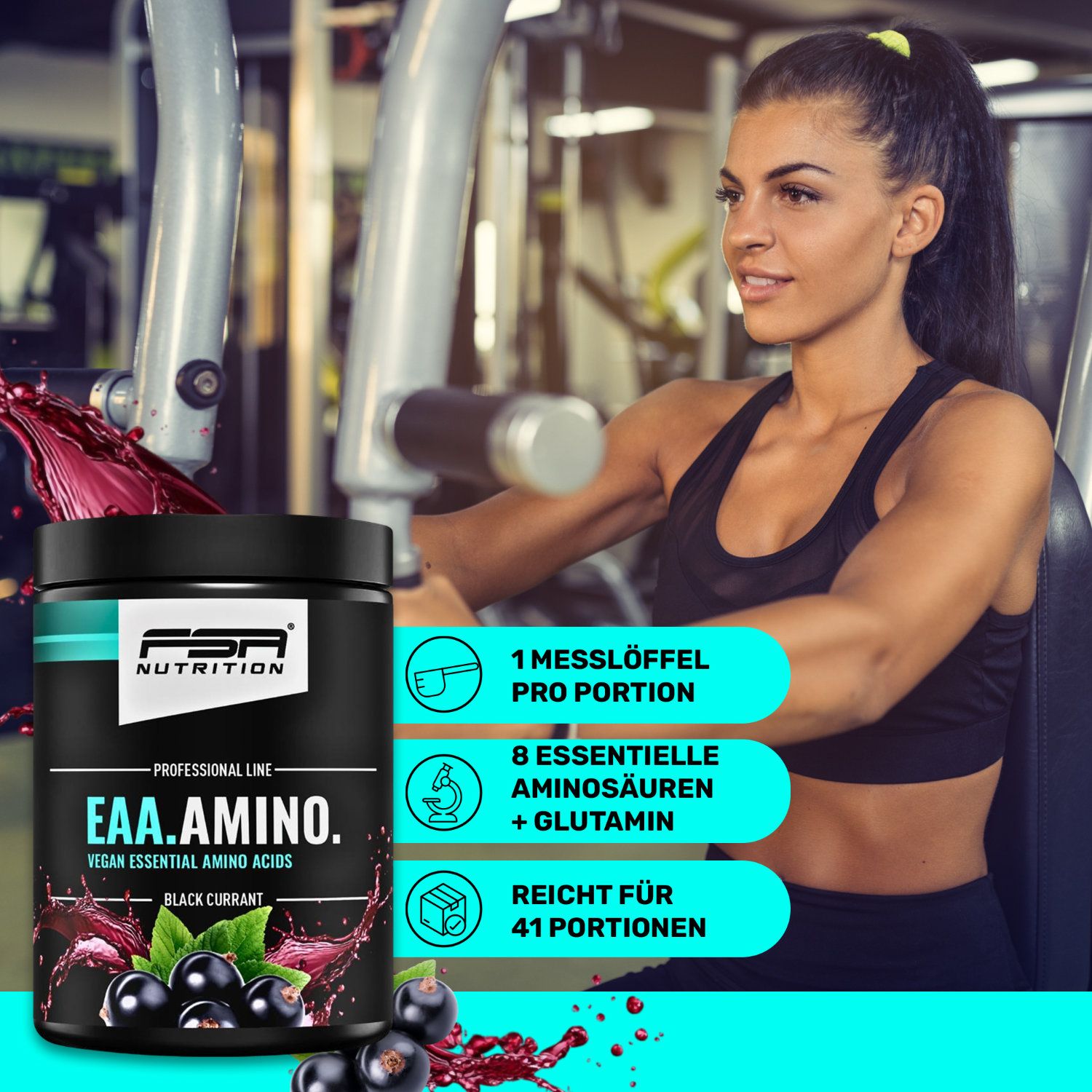 Frau trainiert im Fitnessstudio. Dose FSA Nutrition EAA Amino. Text: 1 Messlöffel, 8 essentielle Aminosäuren + Glutamin, reicht für 41 Portionen.