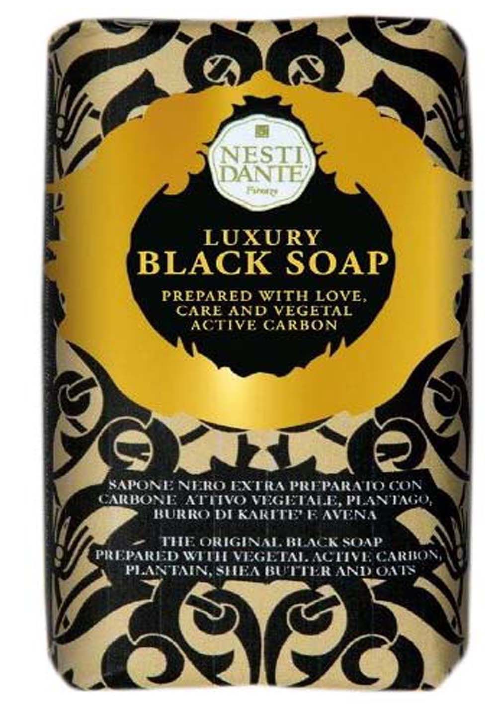 Rechteckige Seife mit goldfarbener Aufschrift. Aufschrift: Luxury Black Soap, vorbereitet mit Liebe, Pflege und Pflanzenkohle.