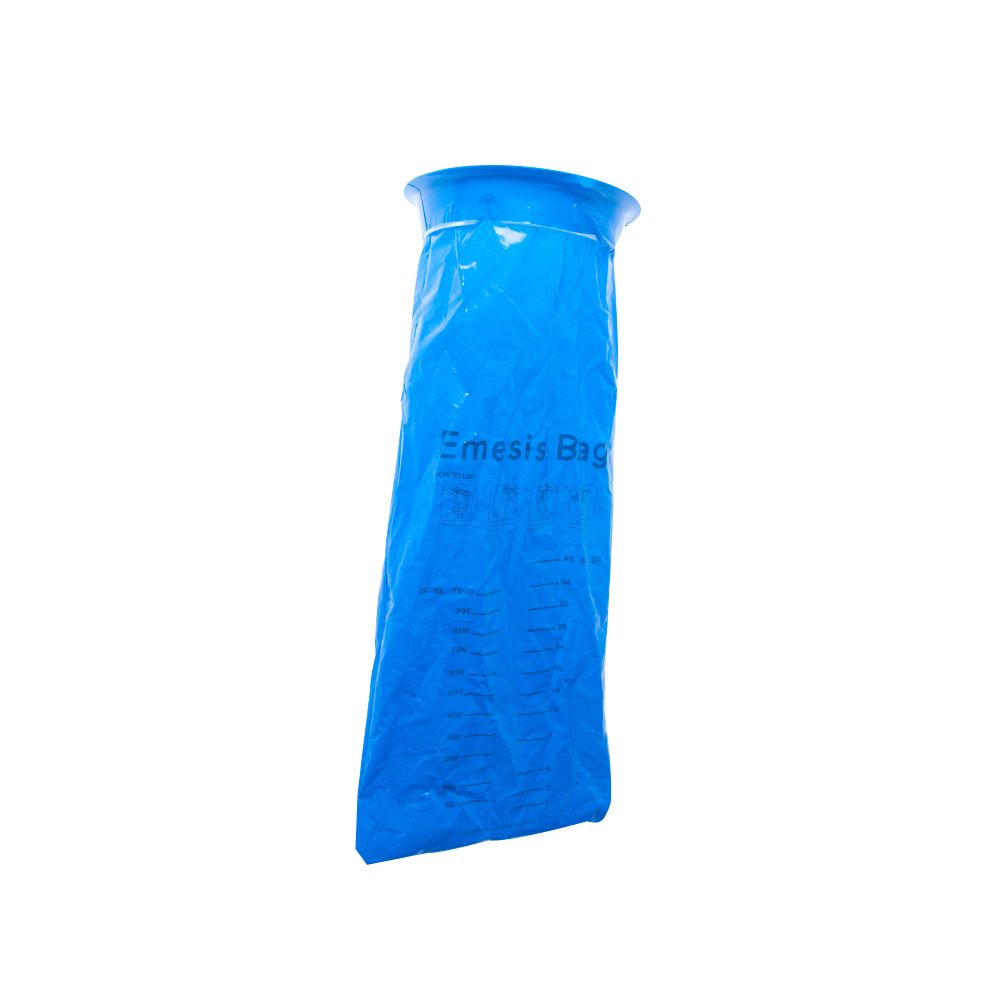 Ein blauer Spuckbeutel mit einem blauen Ring und Markierungen. Der Beutel ist latexfrei und hat eine Aufnahmekapazität von 1,5 L.