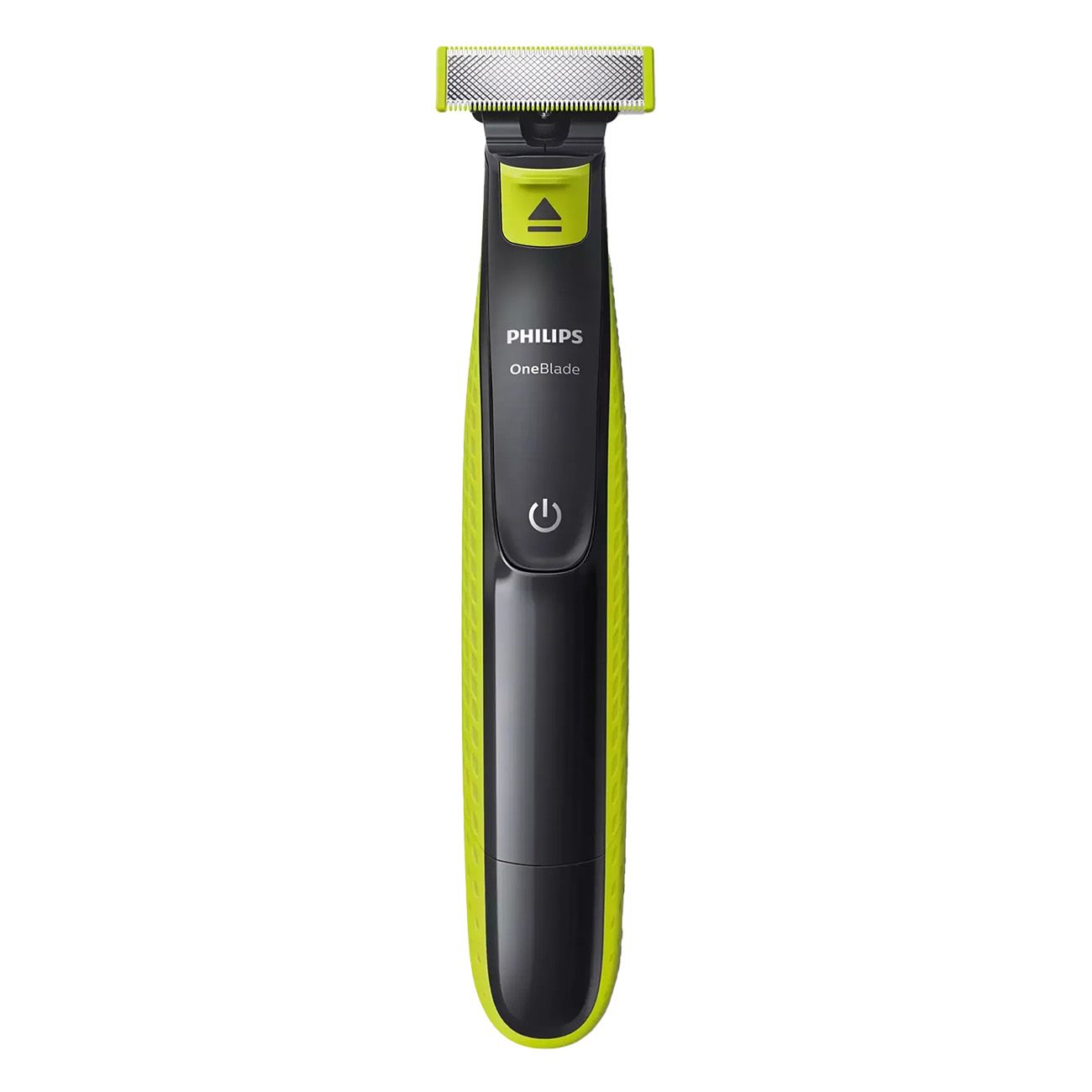 Barttrimmer mit schwarzem Griff, grünem Akzent und silbernem Scherkopf. Auf dem Griff steht "Philips OneBlade".