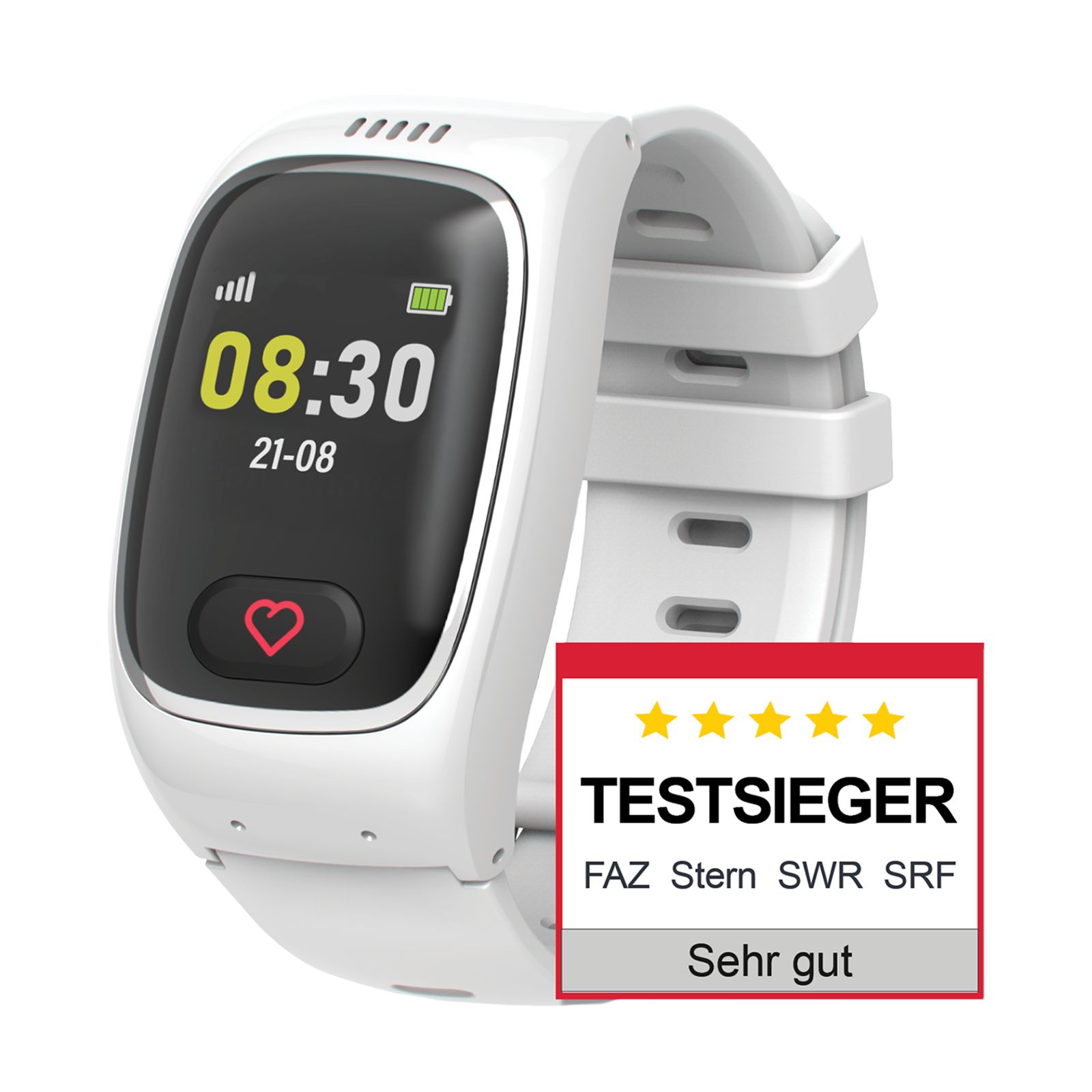 Weiße Smartwatch mit Anzeige 08:30 und Herzsymbol.
