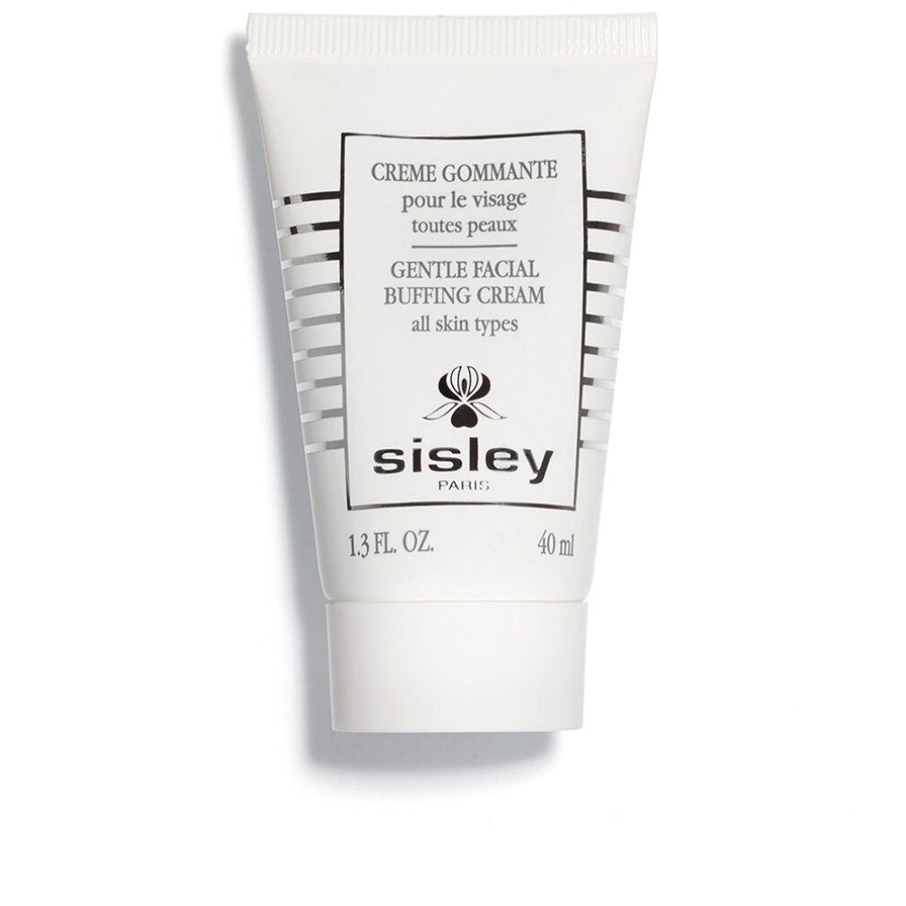 Creme Gommante pour le Visage Tube. Sisley-Logo. Text: Gentle Facial Buffing Cream. Für alle Hauttypen. Weiße Tube mit grauen Streifen.