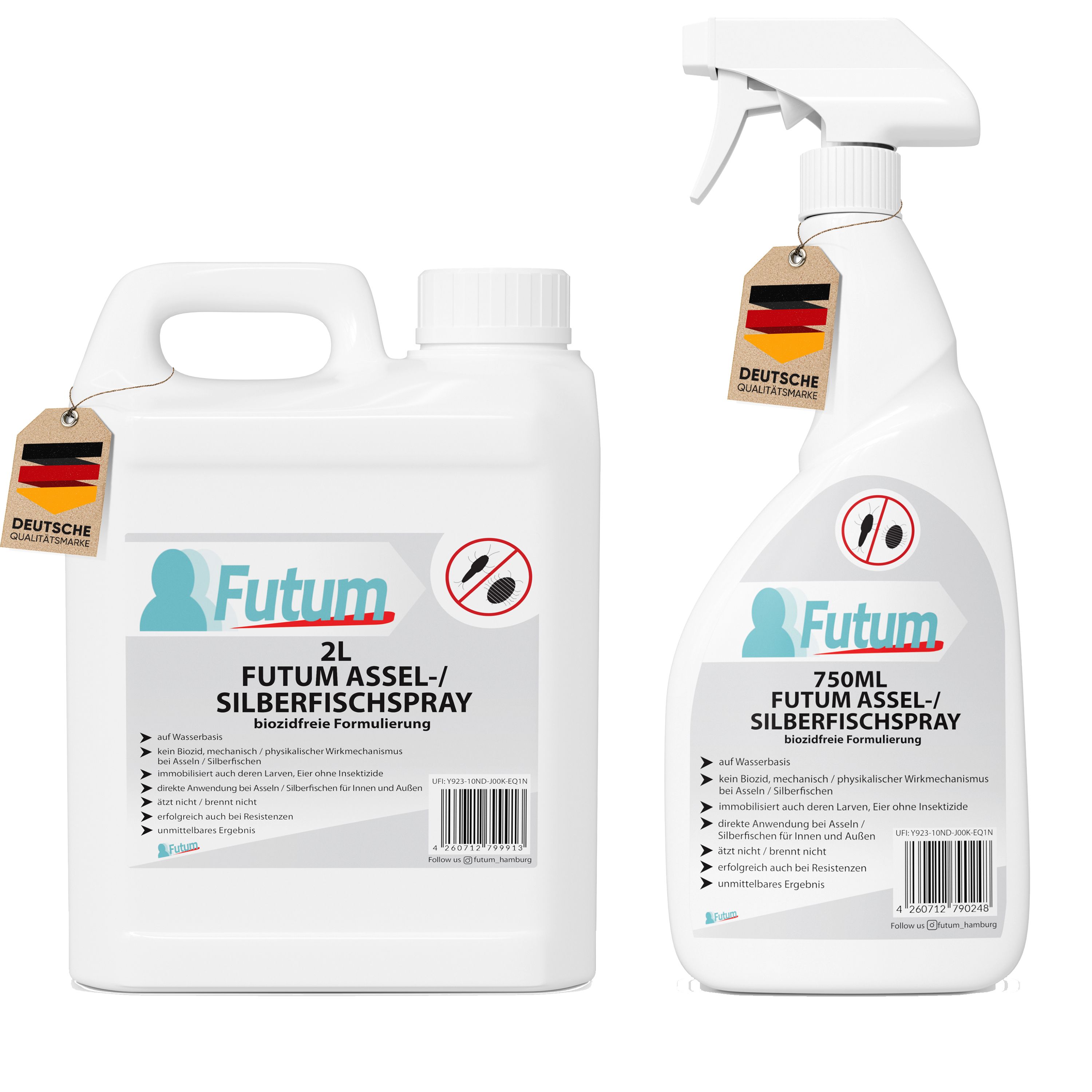 Zwei weiße Flaschen mit Anhängern "Deutsche Qualitätsmarke". Produkte: "Futum 2L Silberfisch- / Asselspray" und 750ml Sprühflasche.