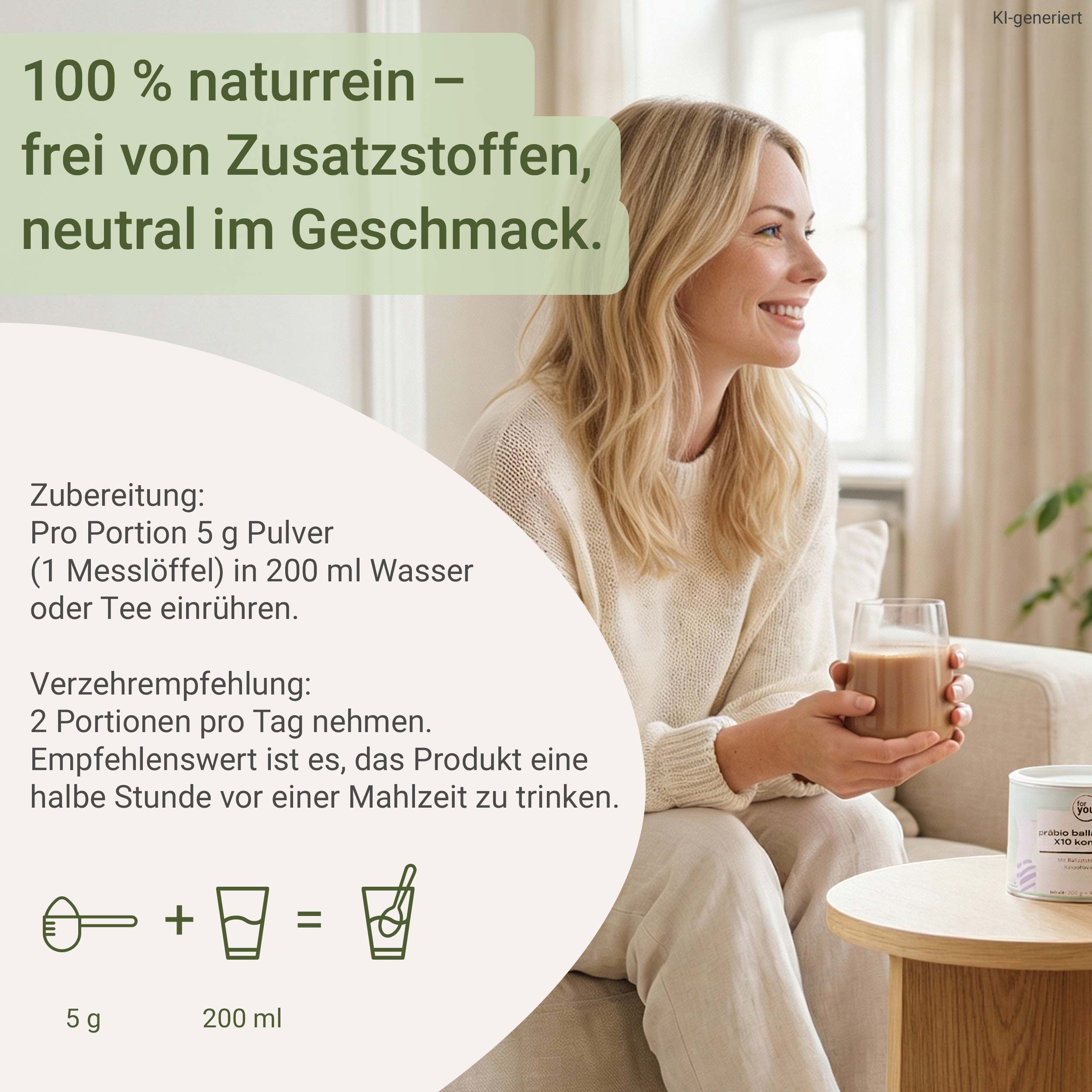 Frau hält ein Glas mit braunem Getränk. Daneben ein Behälter mit Etikett.