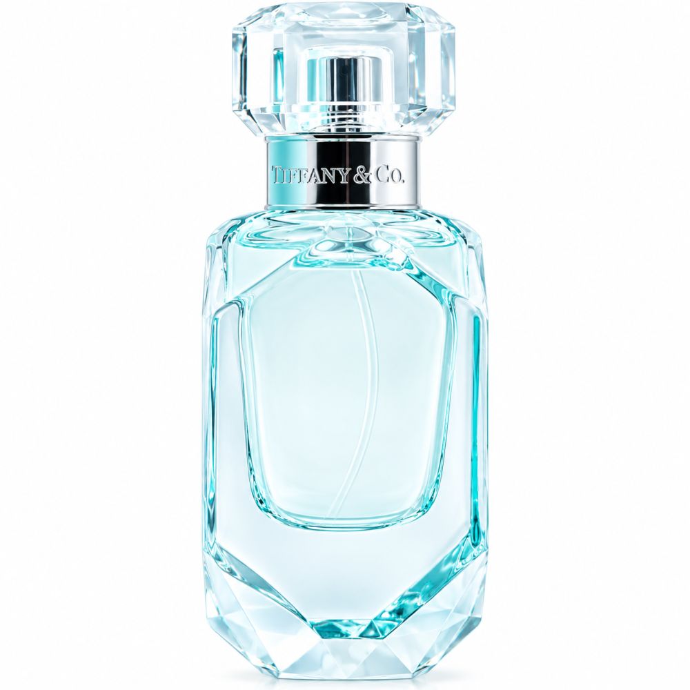 Tiffany & Co. Eau de Parfum Flakon mit facettiertem Glas und silbernem Band.