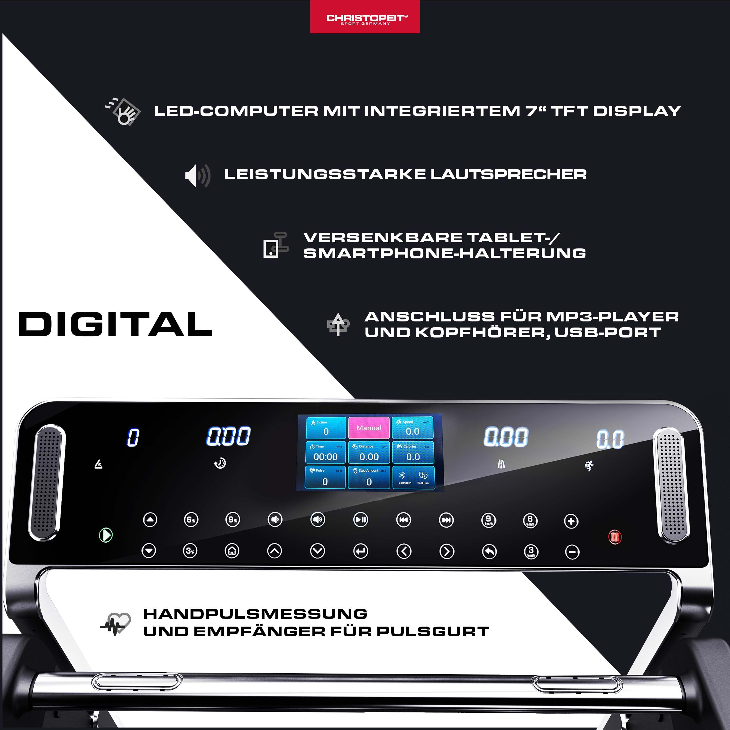 Laufband-Konsole mit Display und Knöpfen. Text: LED-Computer, Lautsprecher, Smartphone-Halterung.