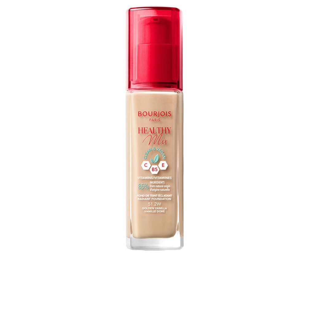 Bourjois Healthy Mix Foundation-Flakon. Beige Flüssigkeit, roter Pumpdeckel. Text auf dem Etikett.