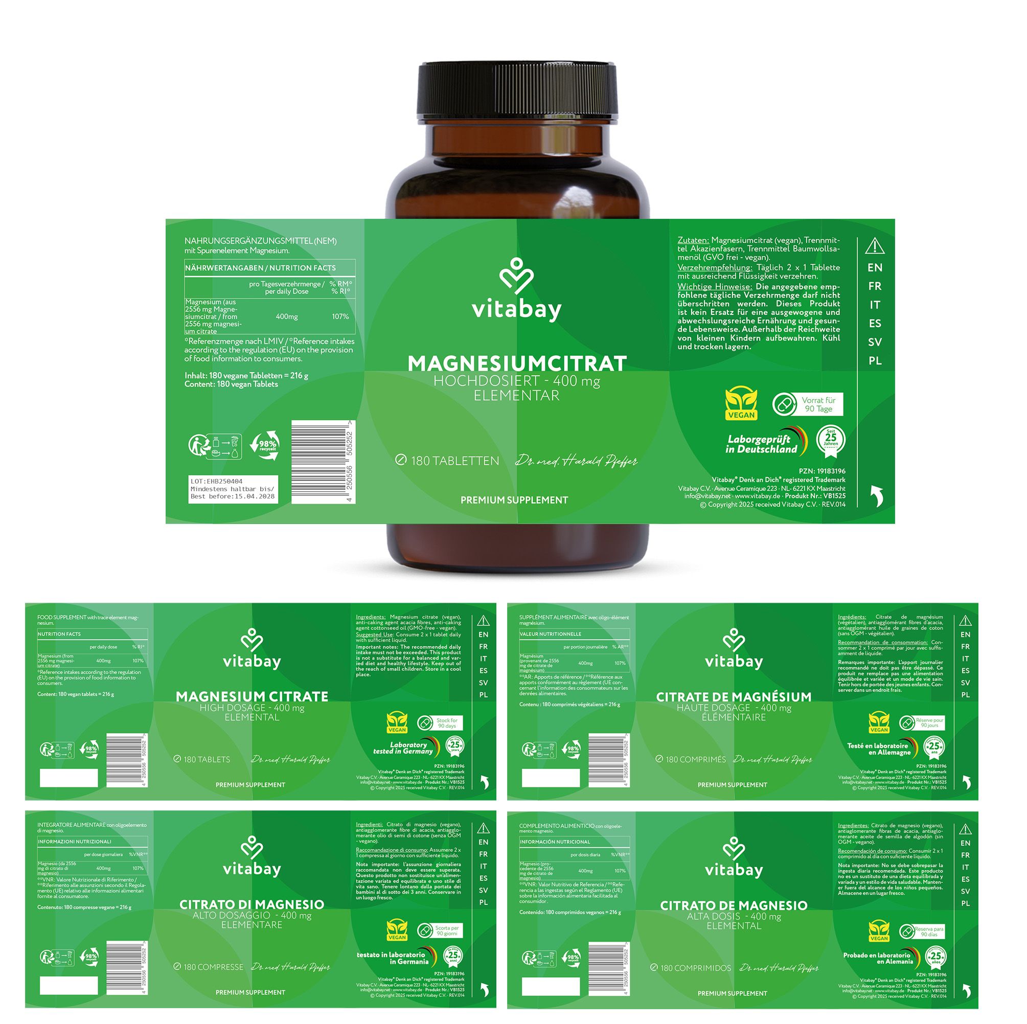 Braune Glasflasche mit grüner Etikett. Text: Magnesiumcitrat 400 mg. 180 Tabletten. Vitabay-Logo. Mehrsprachige Etiketten.