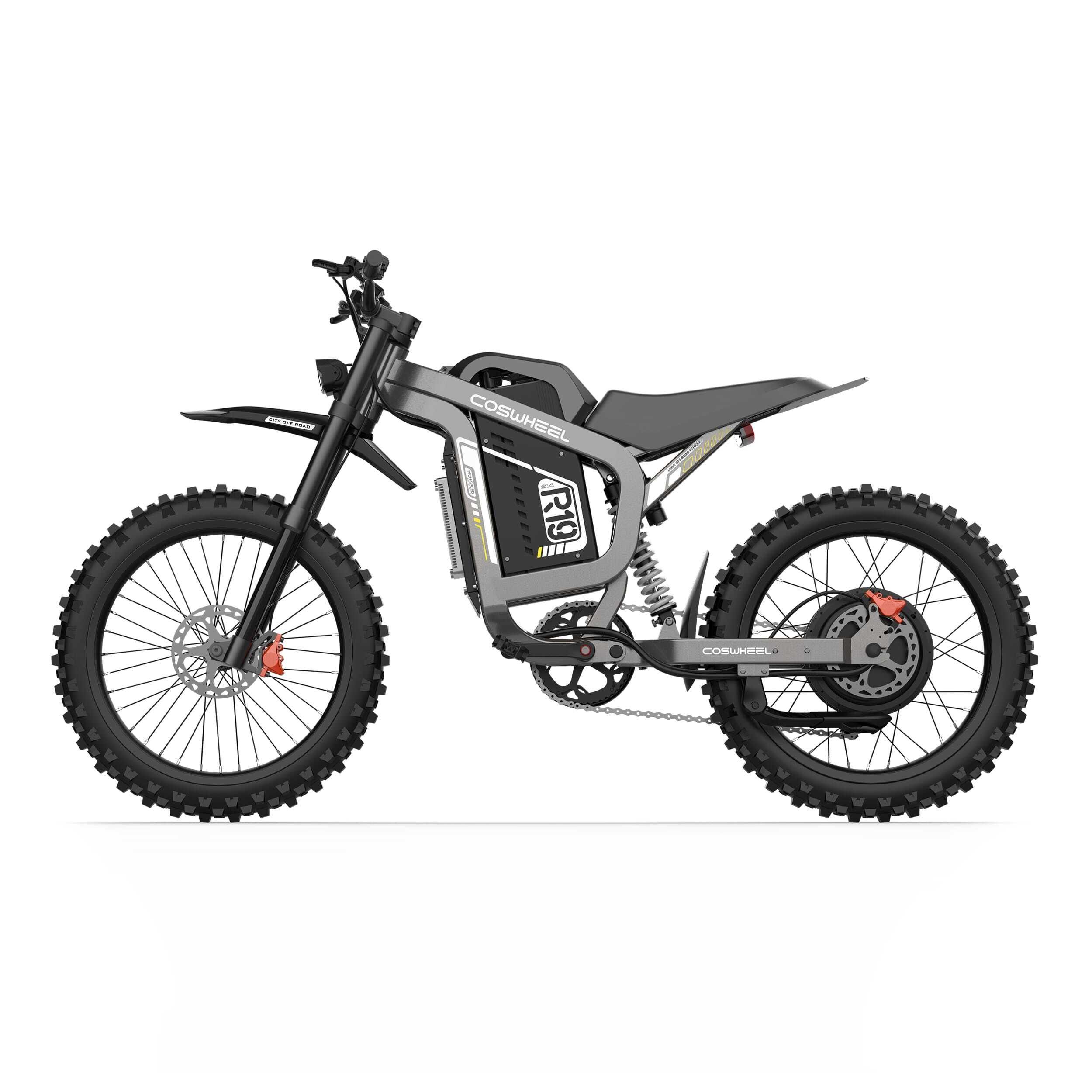 Graues COSWHEEL R19 Elektro-Dirtbike. Schwarze Reifen, Federung, Akku-Gehäuse. R19-Logo sichtbar.