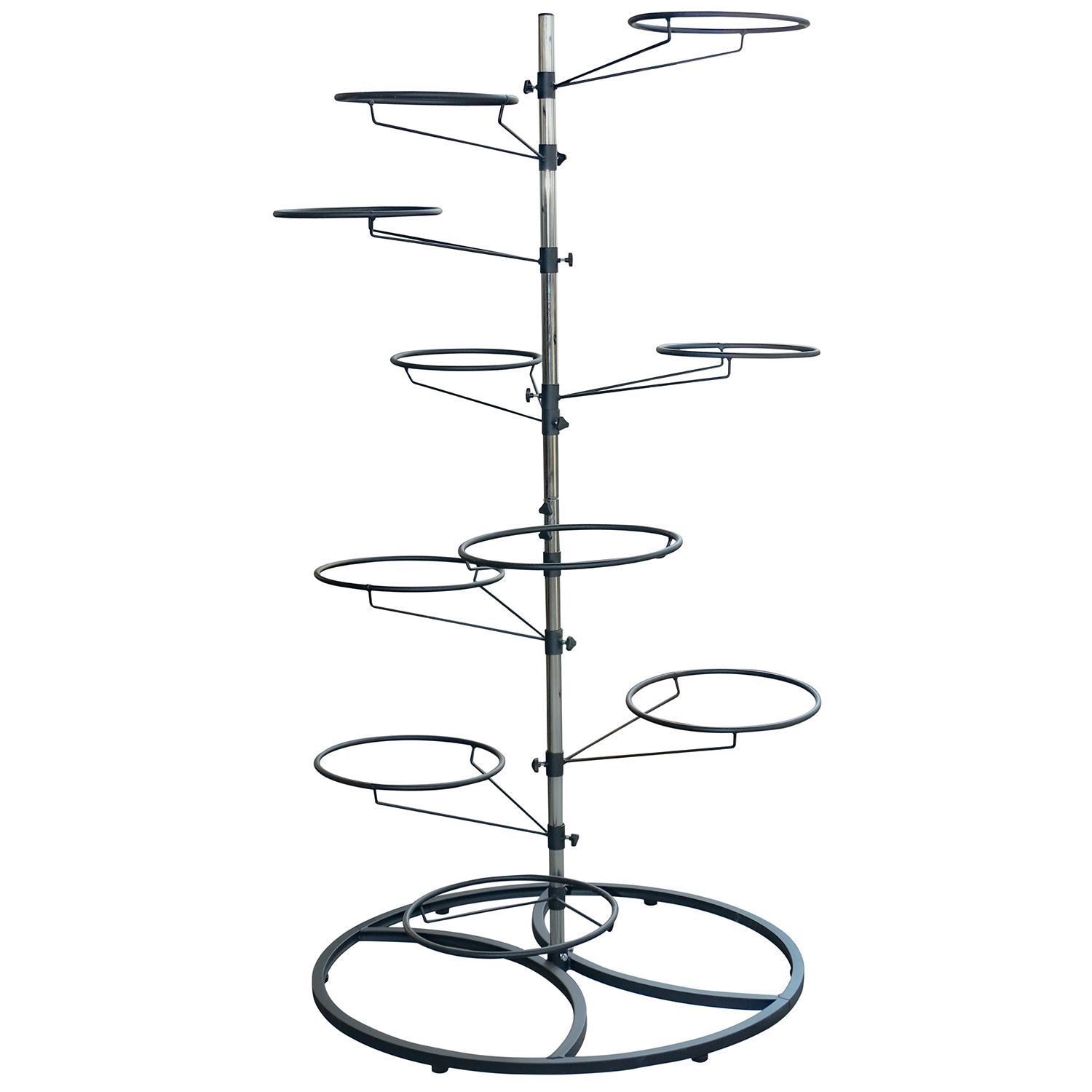 Gymnastikballständer. Metallkonstruktion mit mehreren Ringen zur Aufnahme von Bällen. Schwarze Farbe, freistehend.