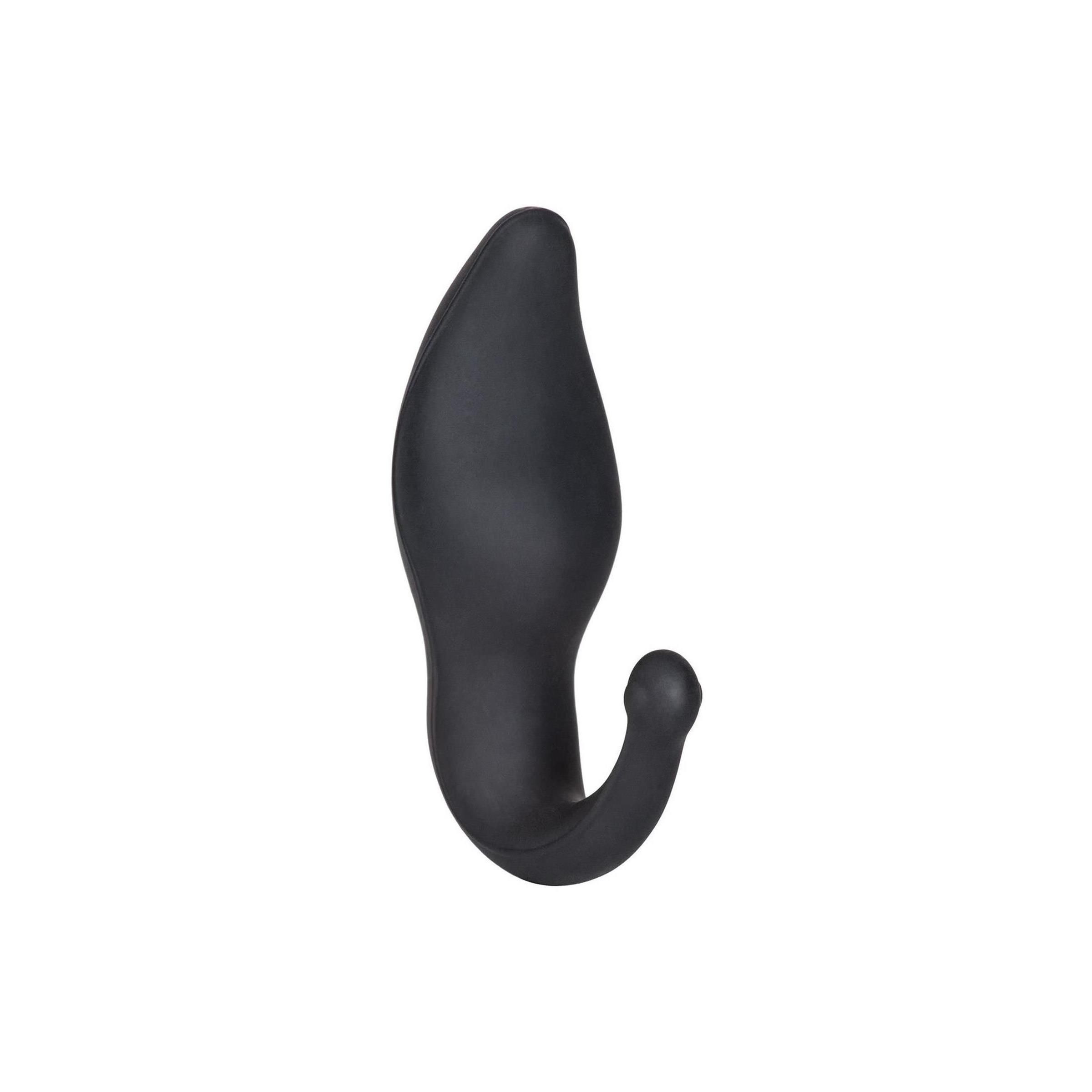 Schwarzes, anatomisch geformtes Wellness-Produkt aus Silikon. Gebogene Form mit einer Kugel am Ende.