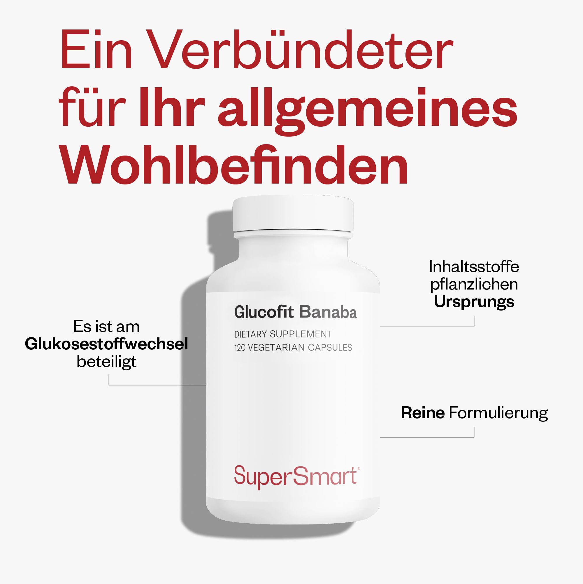 Weiße Flasche Glucofit Banaba mit rotem Etikett. Text: Dietary Supplement, 120 vegetarische Kapseln. Marke: SuperSmart.