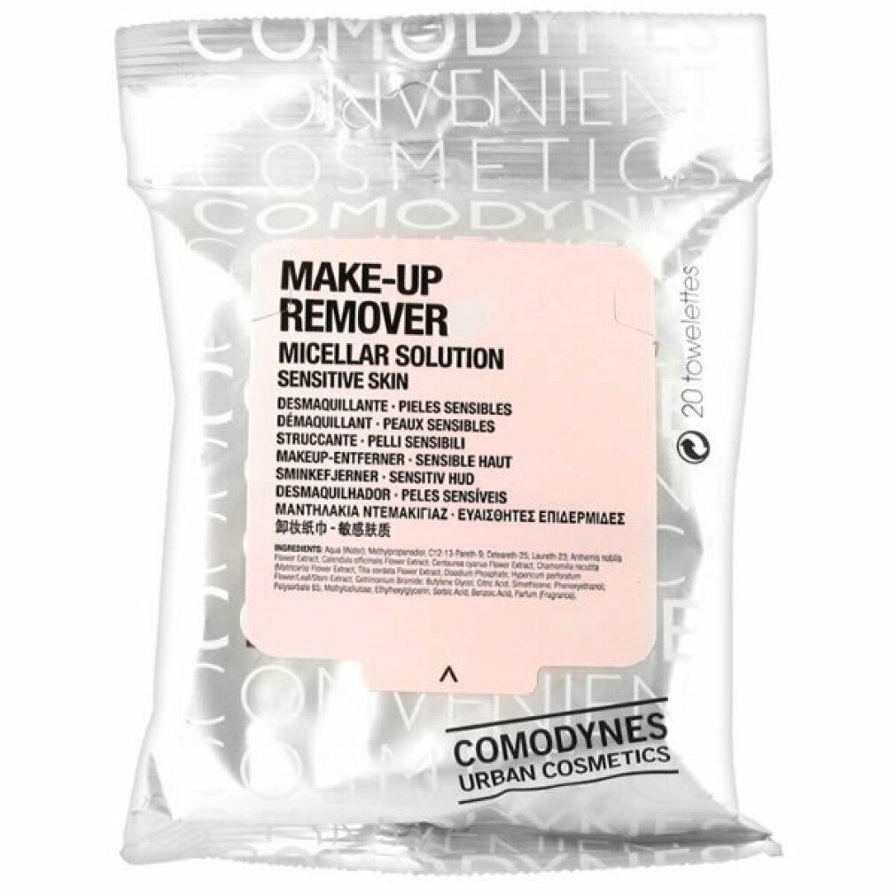 Verpackung mit Reinigungstüchern. Rosa Etikett mit Text: Make-Up Remover Micellar Solution Sensitive Skin. Marke: Comodynes.