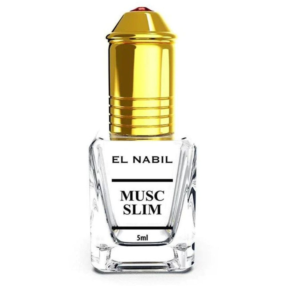 Parfümflakon mit goldener Kappe. Aufschrift: EL NABIL, MUSC SLIM, 5ml. Klarer, rechteckiger Glasbehälter.