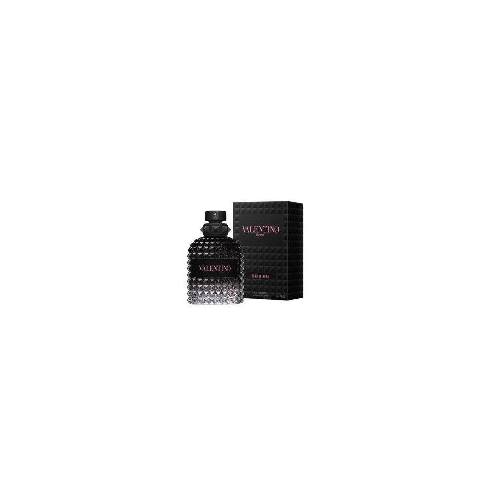 Schwarze Valentino-Parfümflasche und -Schachtel. Flasche mit pyramidenförmigem Muster. Produktname: Born In Roma.