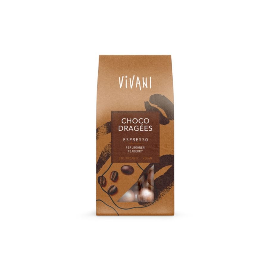 Braune Papiertüte mit "Vivani"-Logo und "Choco Dragées Espresso"-Aufdruck. Kakaobohnen-Illustrationen und sichtbare Dragées.