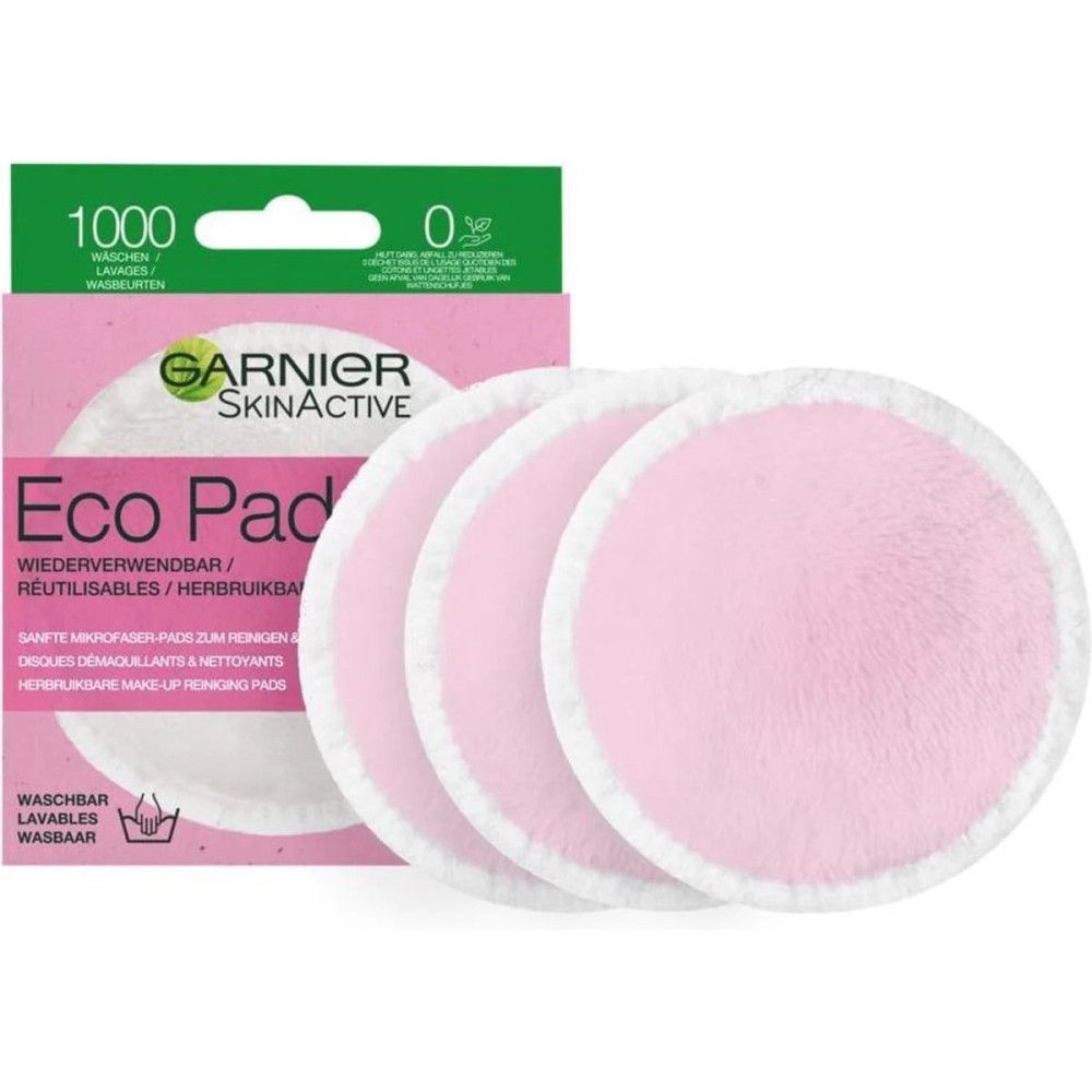 Garnier SkinActive Eco Pads. 3 rosa Pads, weißer Rand. Wiederverwendbar, waschbar.