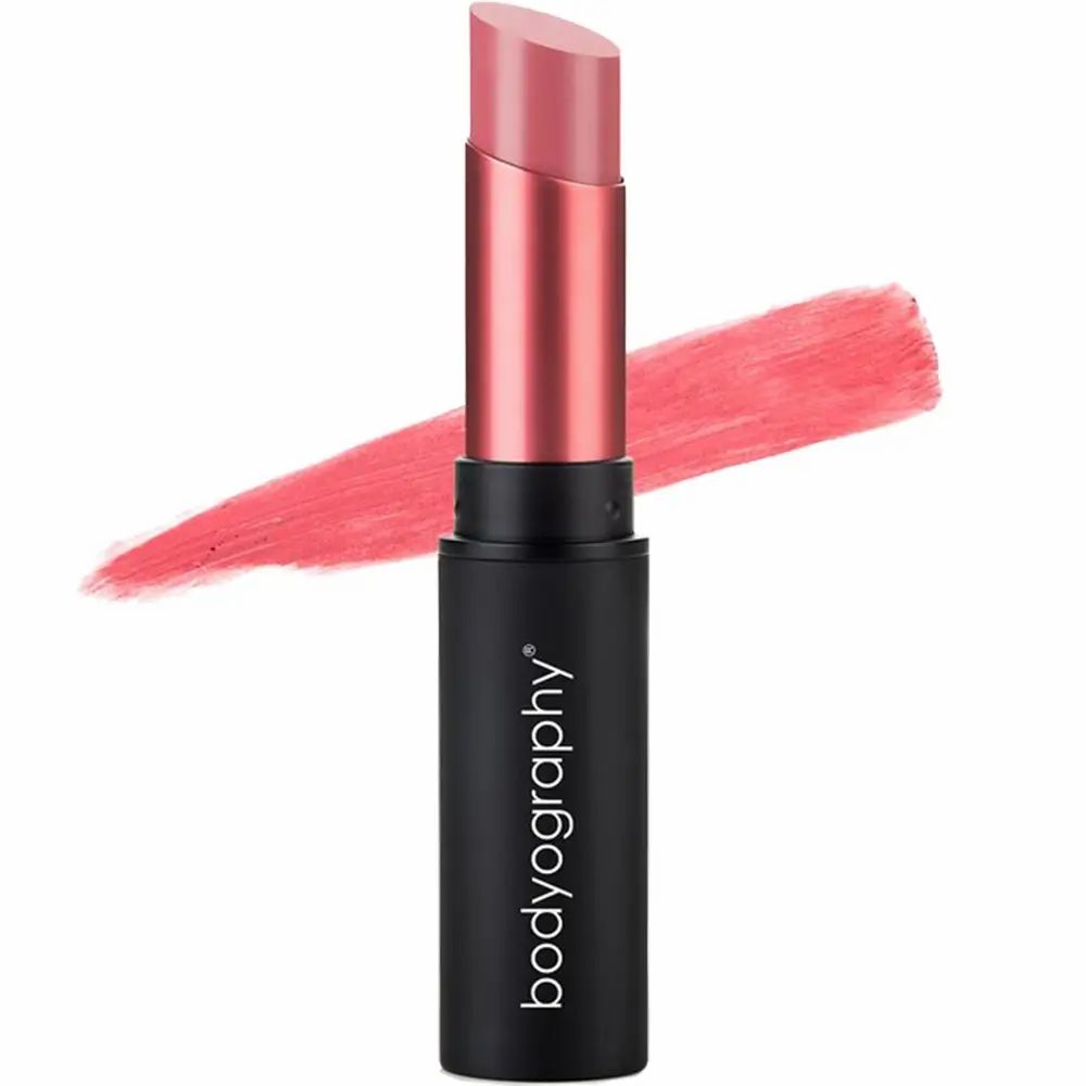 Lippenstift mit rosa Lippenstiftstrich. Schwarzer Stift mit rosa Hülse und Aufschrift "bodyography".