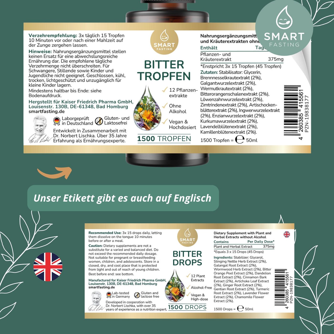 Etikett der Flasche mit Inhaltsstoffen und englischer Übersetzung. Flasche mit Tropfer. Text: Bitter Tropfen, 12 Pflanzenextrakte, ohne Alkohol.
